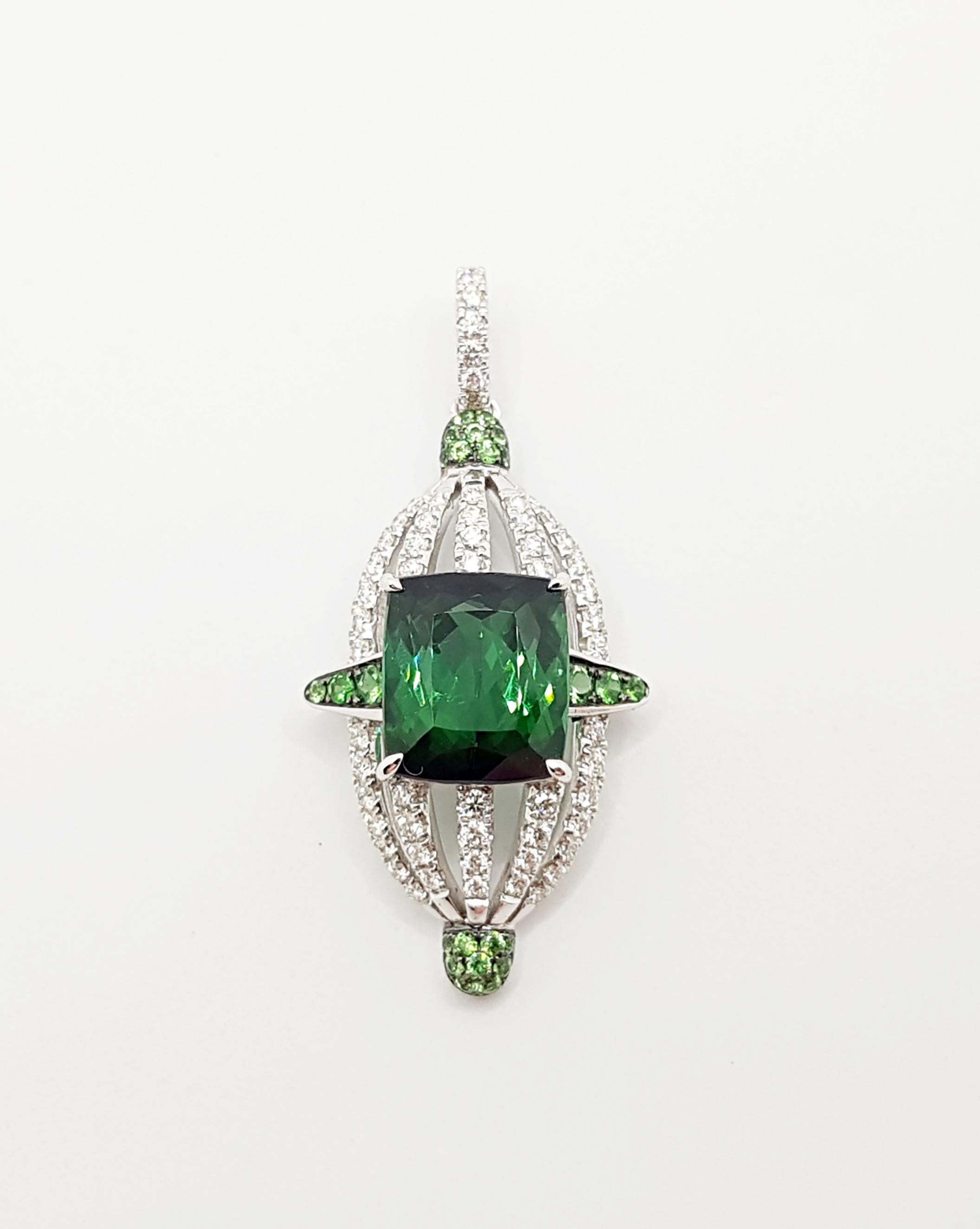 Contemporary Green Tourmaline with Tsavorite and Diamond Pendant Set in 18 Karat White Gold For Sale
