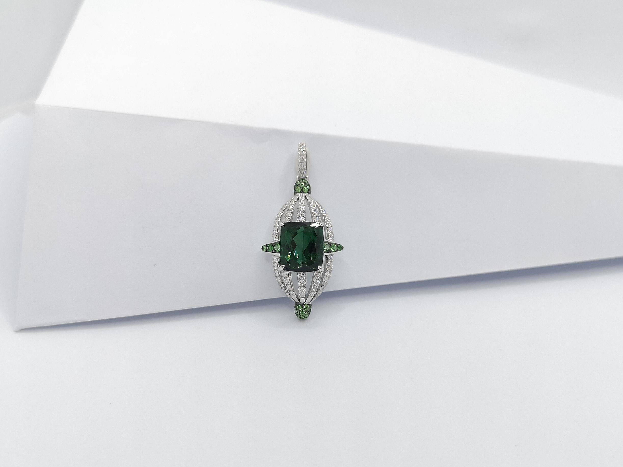 Mixed Cut Green Tourmaline with Tsavorite and Diamond Pendant Set in 18 Karat White Gold For Sale