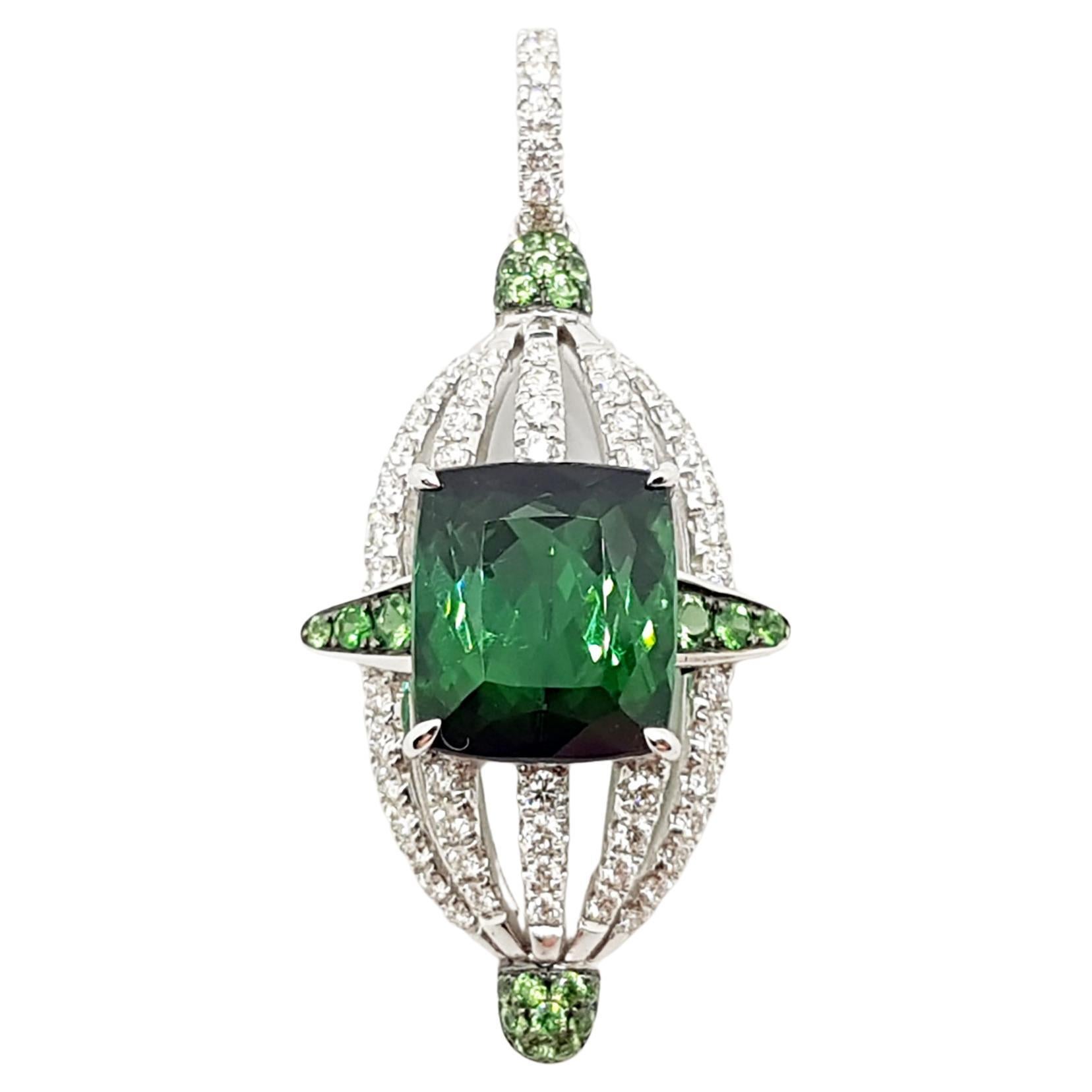 Green Tourmaline with Tsavorite and Diamond Pendant Set in 18 Karat White Gold For Sale