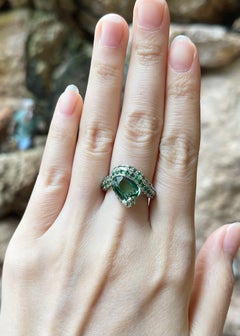 Green Tourmaline with Tsavorite Ring set in 18K White Gold Settings