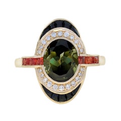 Green Tourmaline Yellow Sapphire and Diamond Art Deco Style Ring in 14K Gold