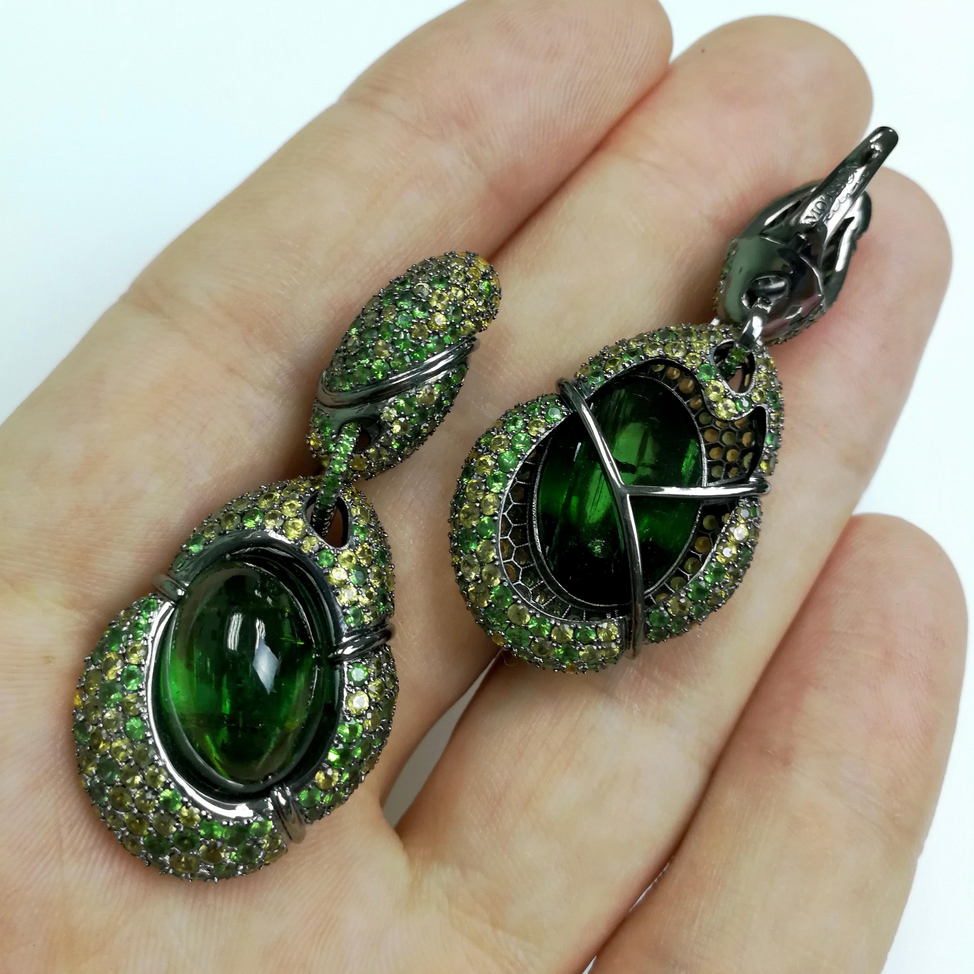 Oval Cut Green Tourmaline Yellow Sapphire Tsavorite 18 Karat Black Gold Earrings For Sale