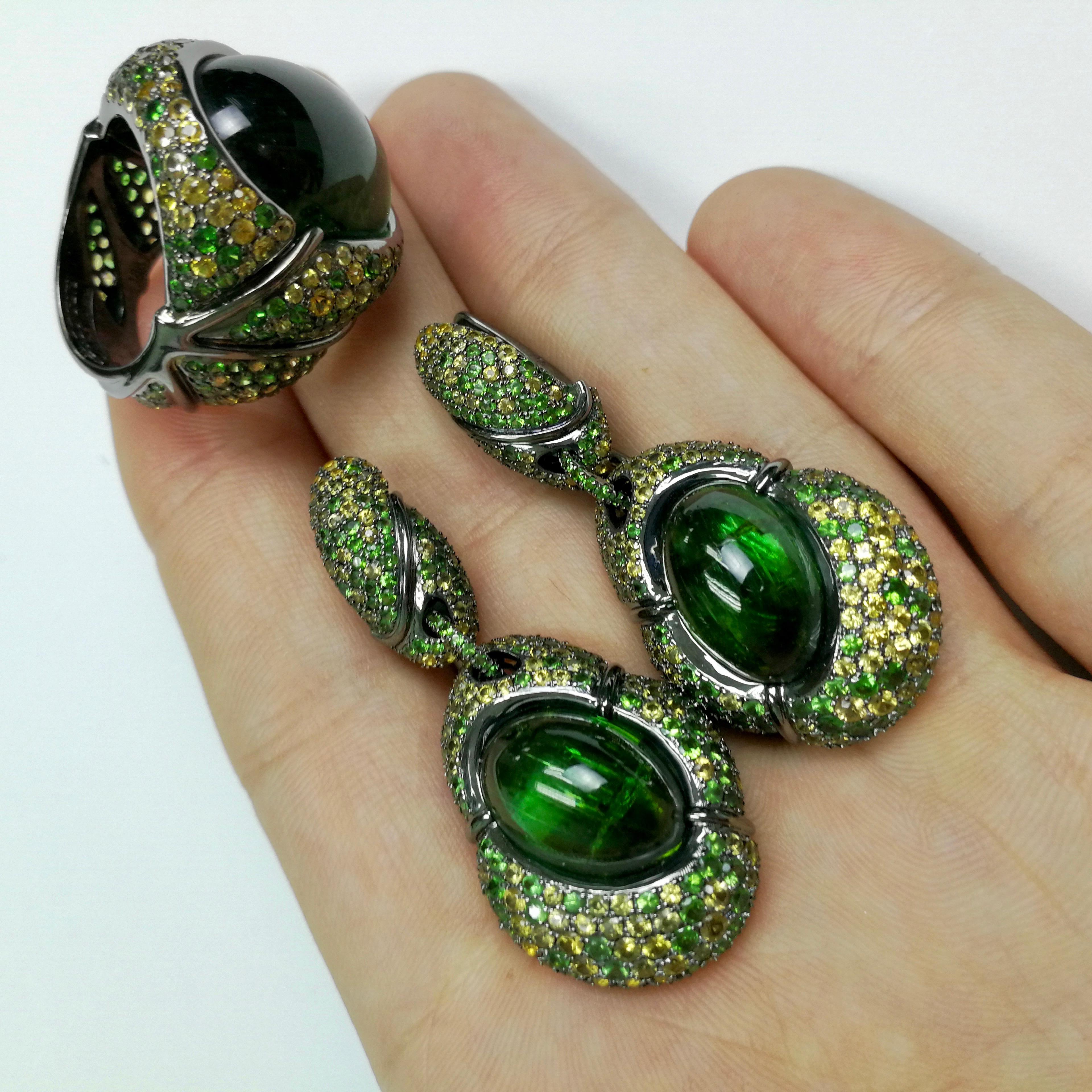 Green Tourmaline Yellow Sapphire Tsavorite 18 Karat Black Gold Earrings For Sale 1