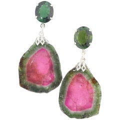 Green Tourmalines and Watermelon Tourmalines Sterling Silver Stud Earrings