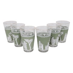 Green Transferware Glasses, Set of 6