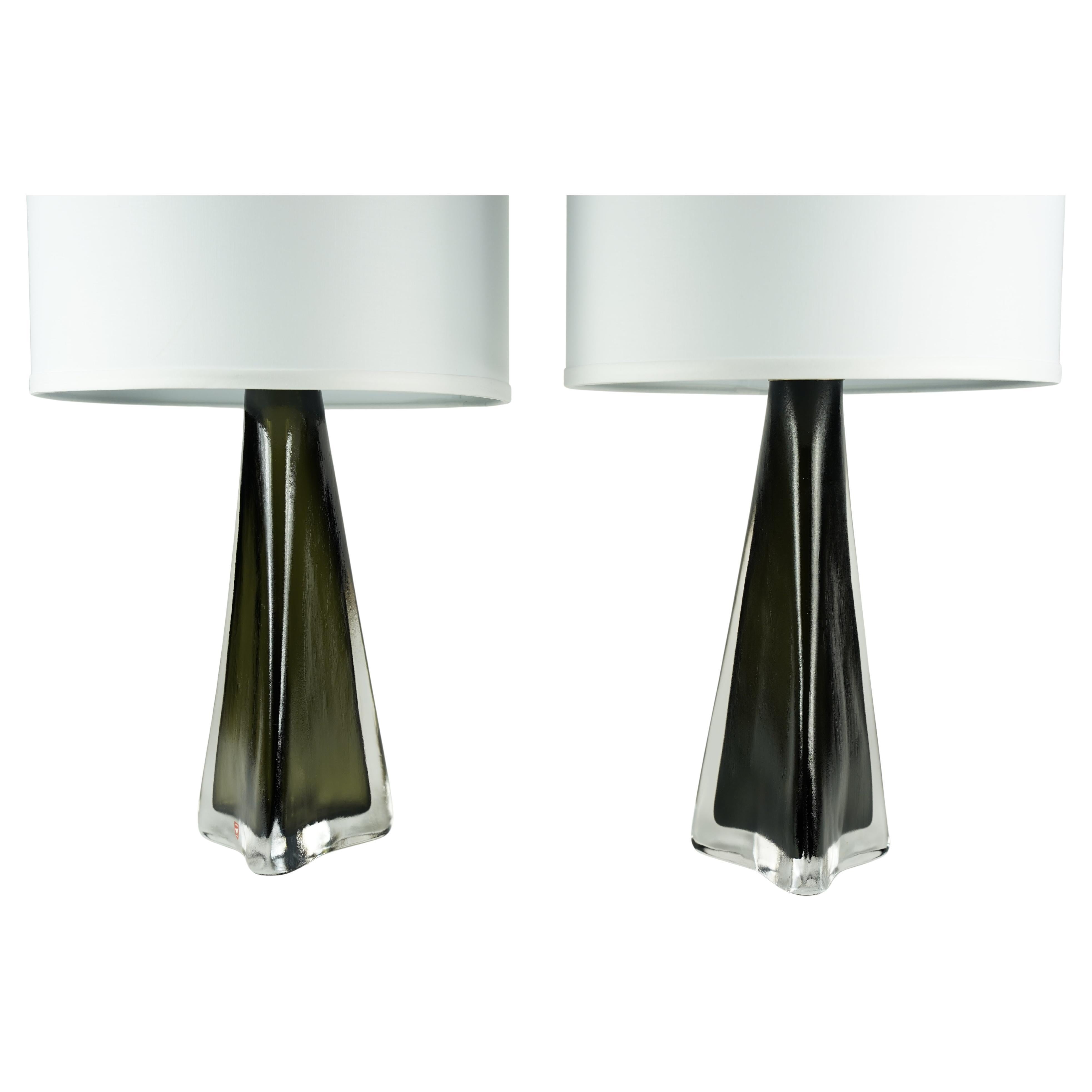 Green Triangular pair of Orrefors Lamps, Sweden, 1960