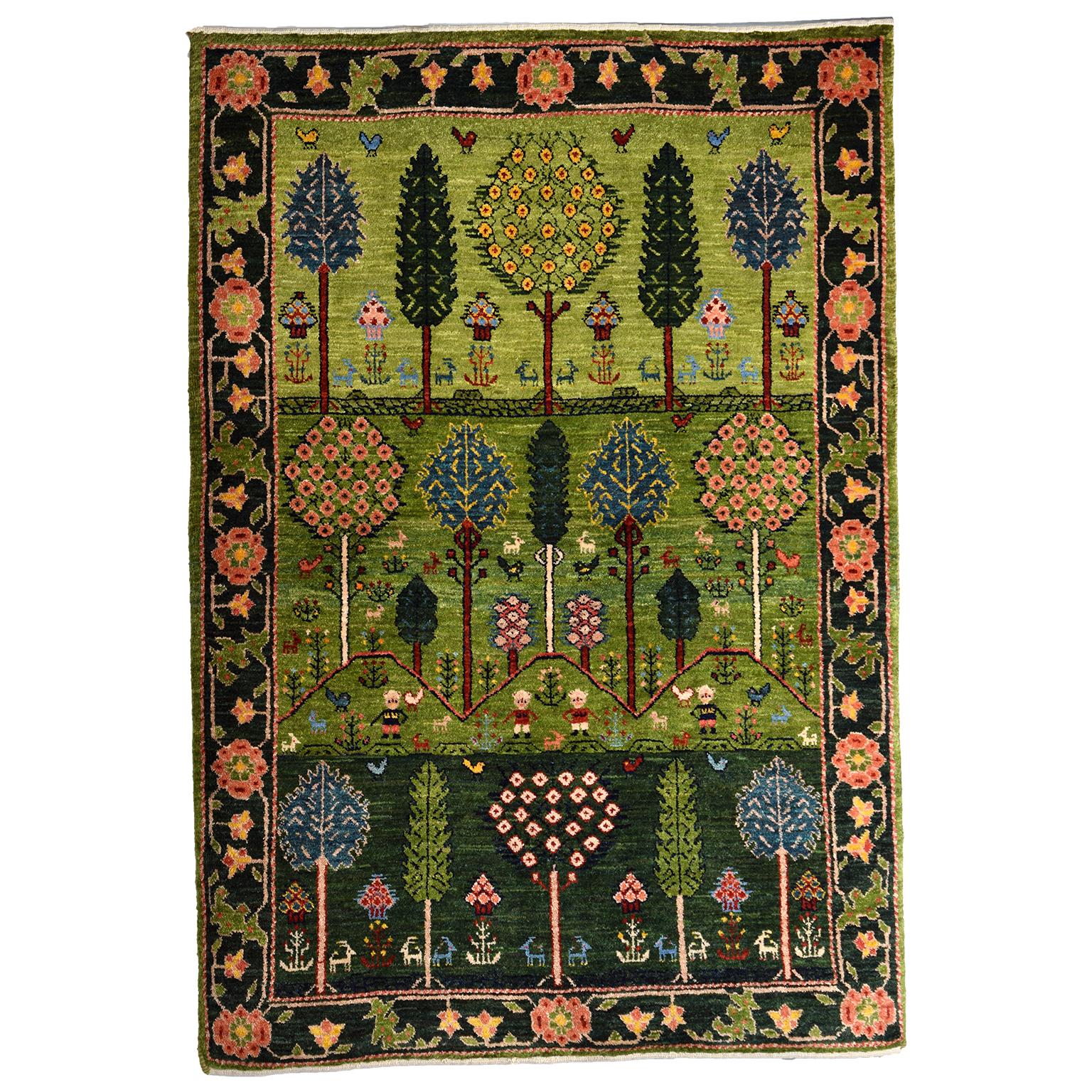 Green Tribal Persian Qashqai Area Rug, Wool, 3' x 5' For Sale