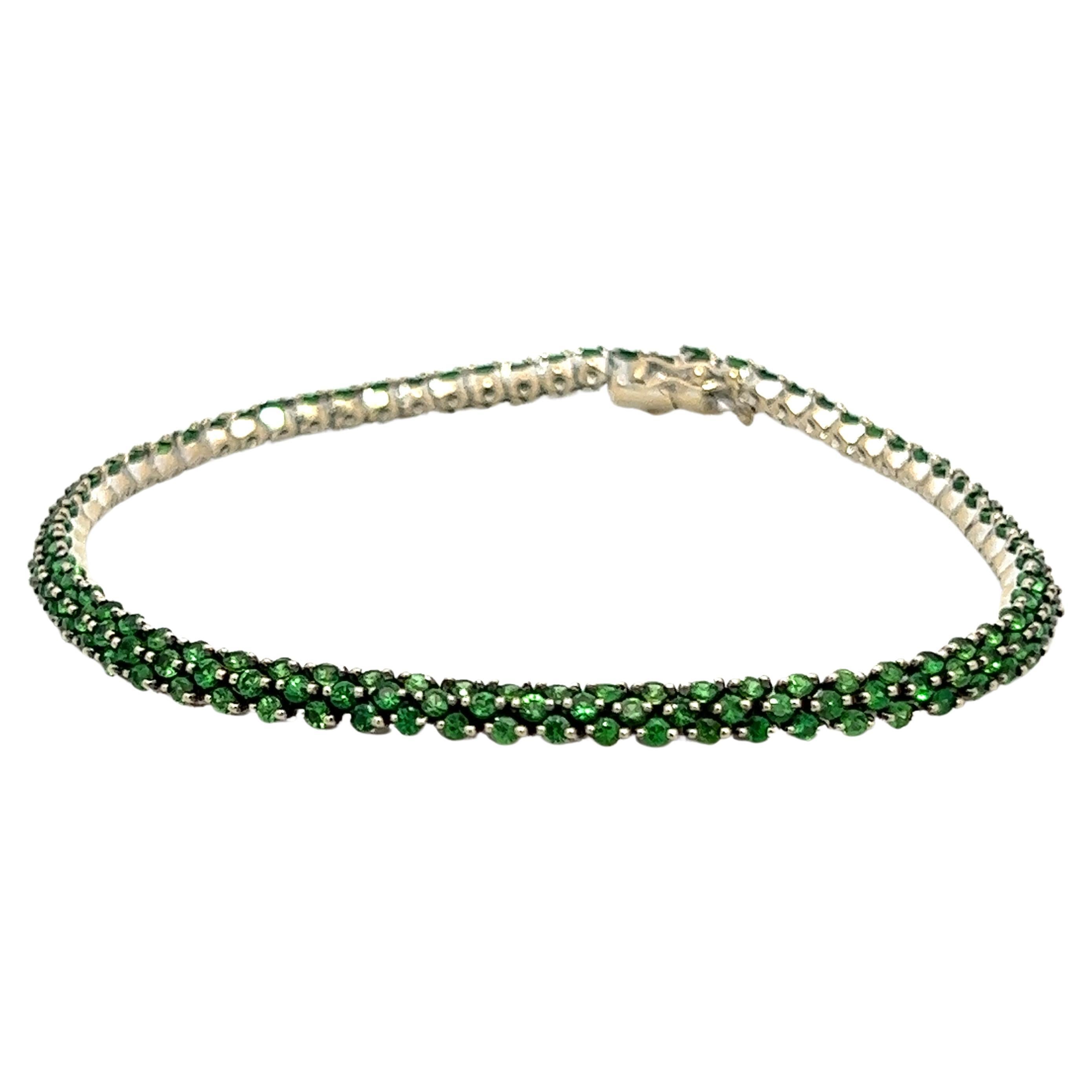 Green Tsavorite 18k White Gold 6.5" Round Prong Set 3 Row Tennis Line Bracelet