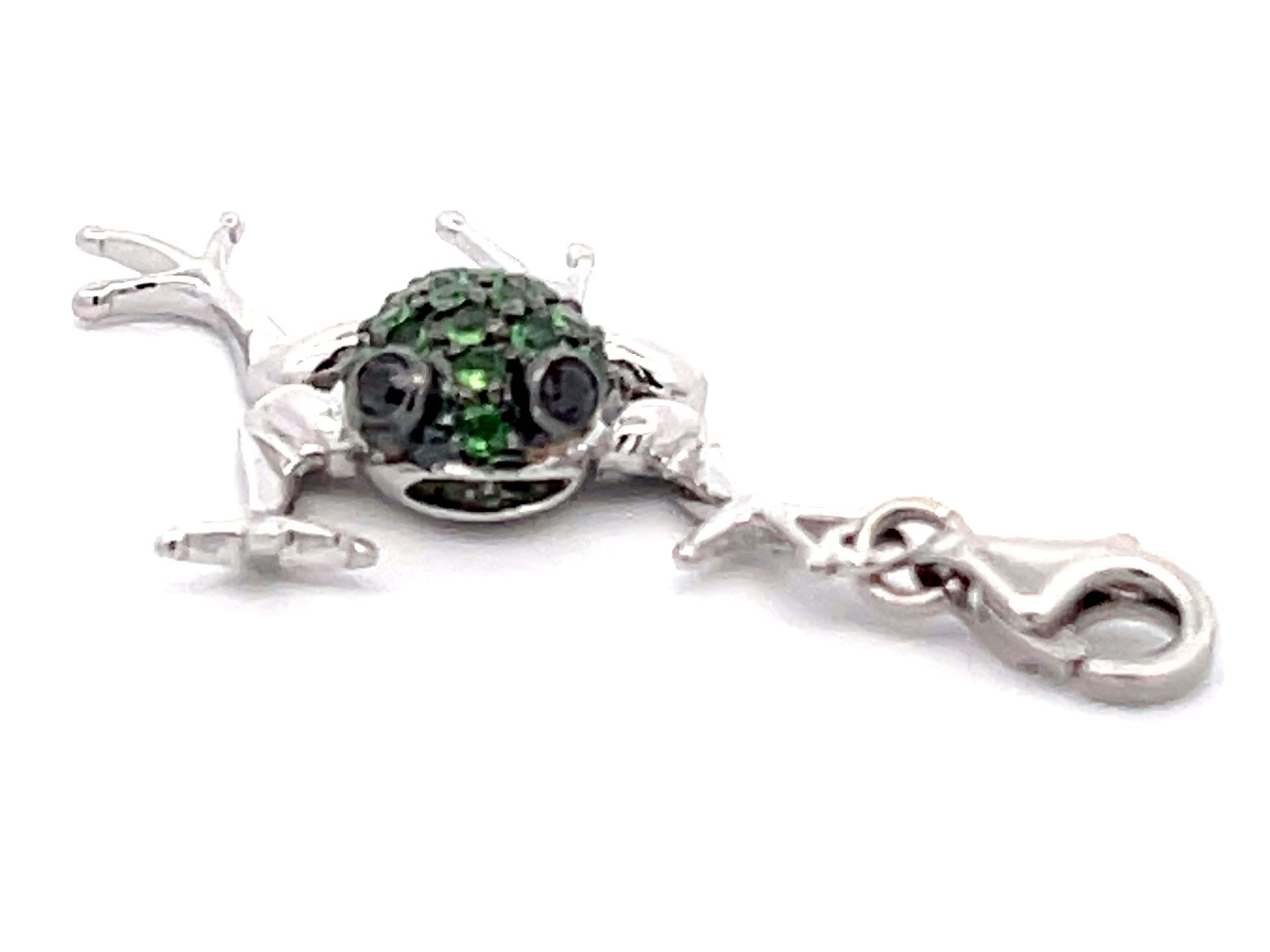 Brilliant Cut Green Tsavorite & Black Diamond Frog Pendant Charm in 14K White Gold For Sale