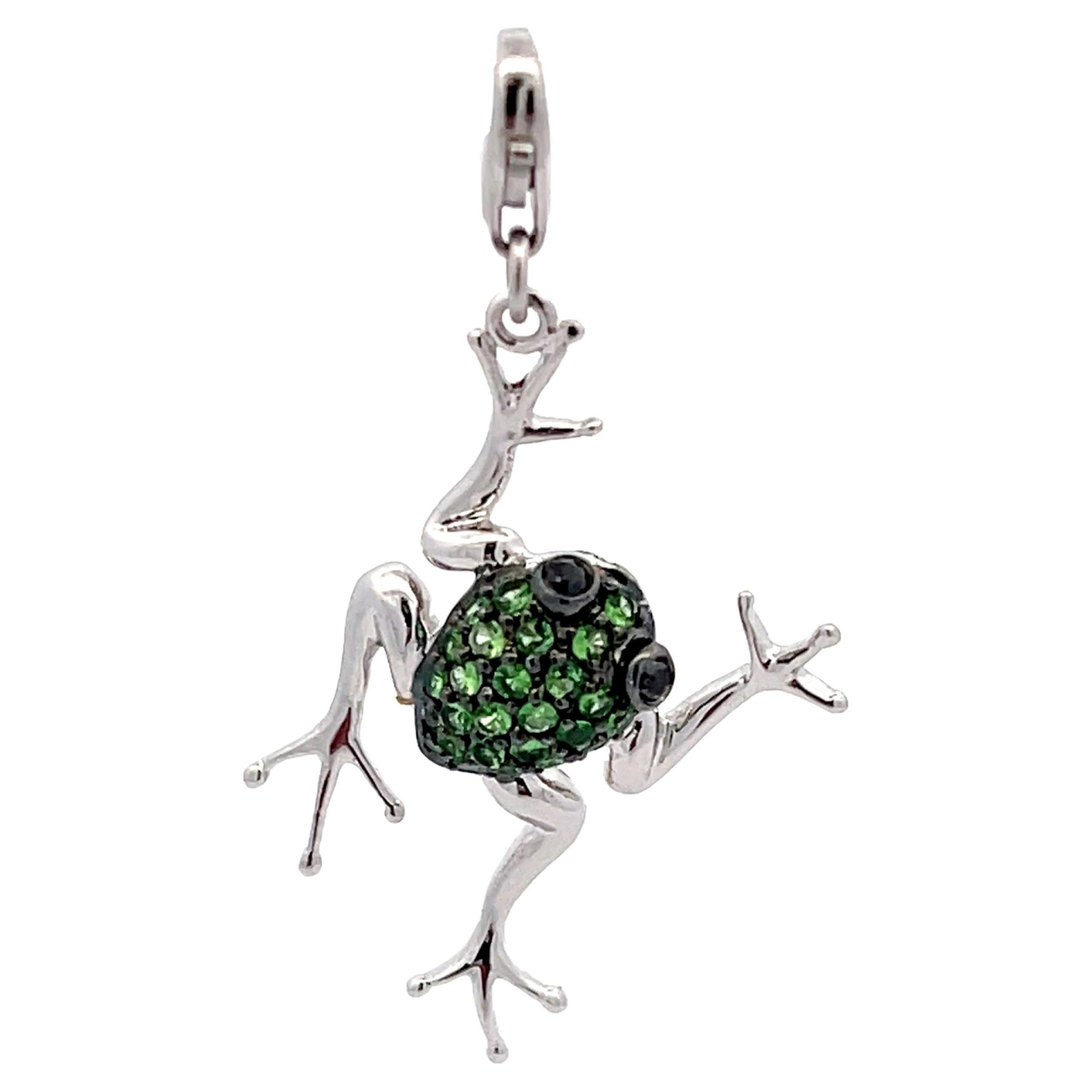 Green Tsavorite & Black Diamond Frog Pendant Charm in 14K White Gold For Sale