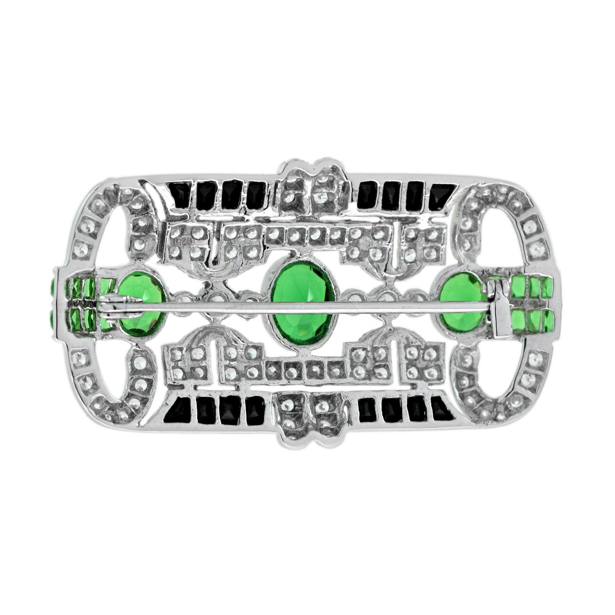 Grüne Tsavorit & Schwarzer Onyx Diamant Art Deco Stil 14K Weißgold Pin Brosche (Art déco) im Angebot
