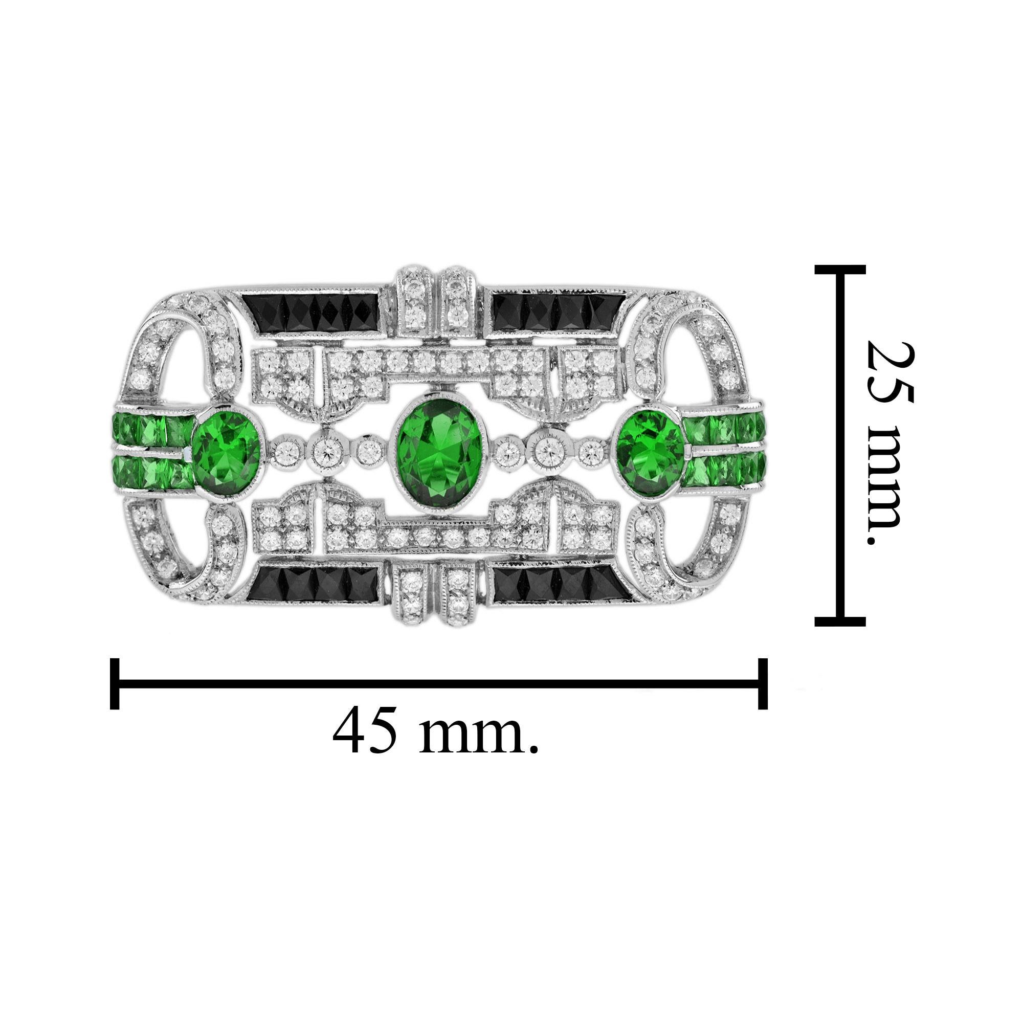 Grüne Tsavorit & Schwarzer Onyx Diamant Art Deco Stil 14K Weißgold Pin Brosche im Zustand „Neu“ im Angebot in Oakton, VA