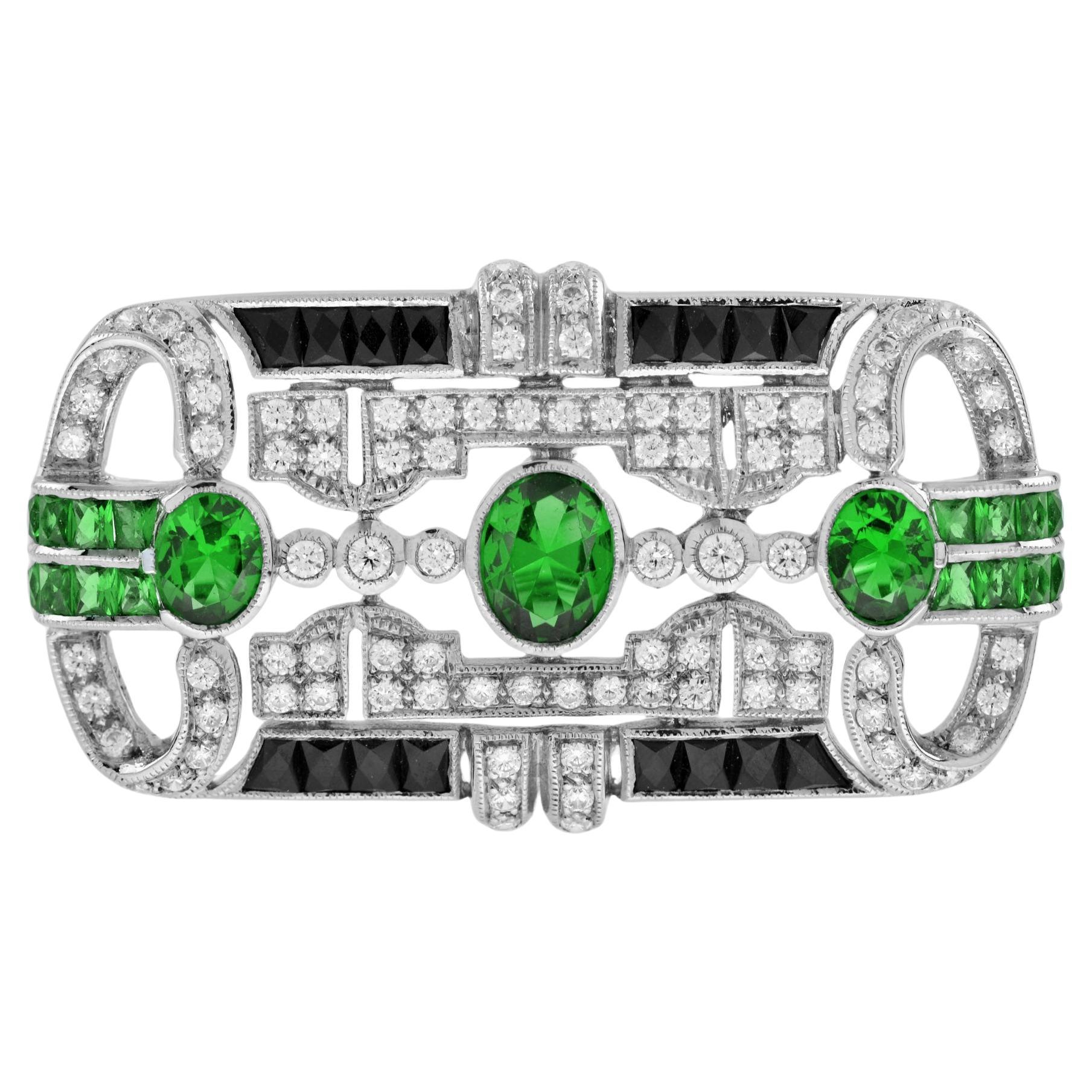 Spilla in oro bianco 14K in stile Art Deco con diamante e tsavorite verde e onice nera