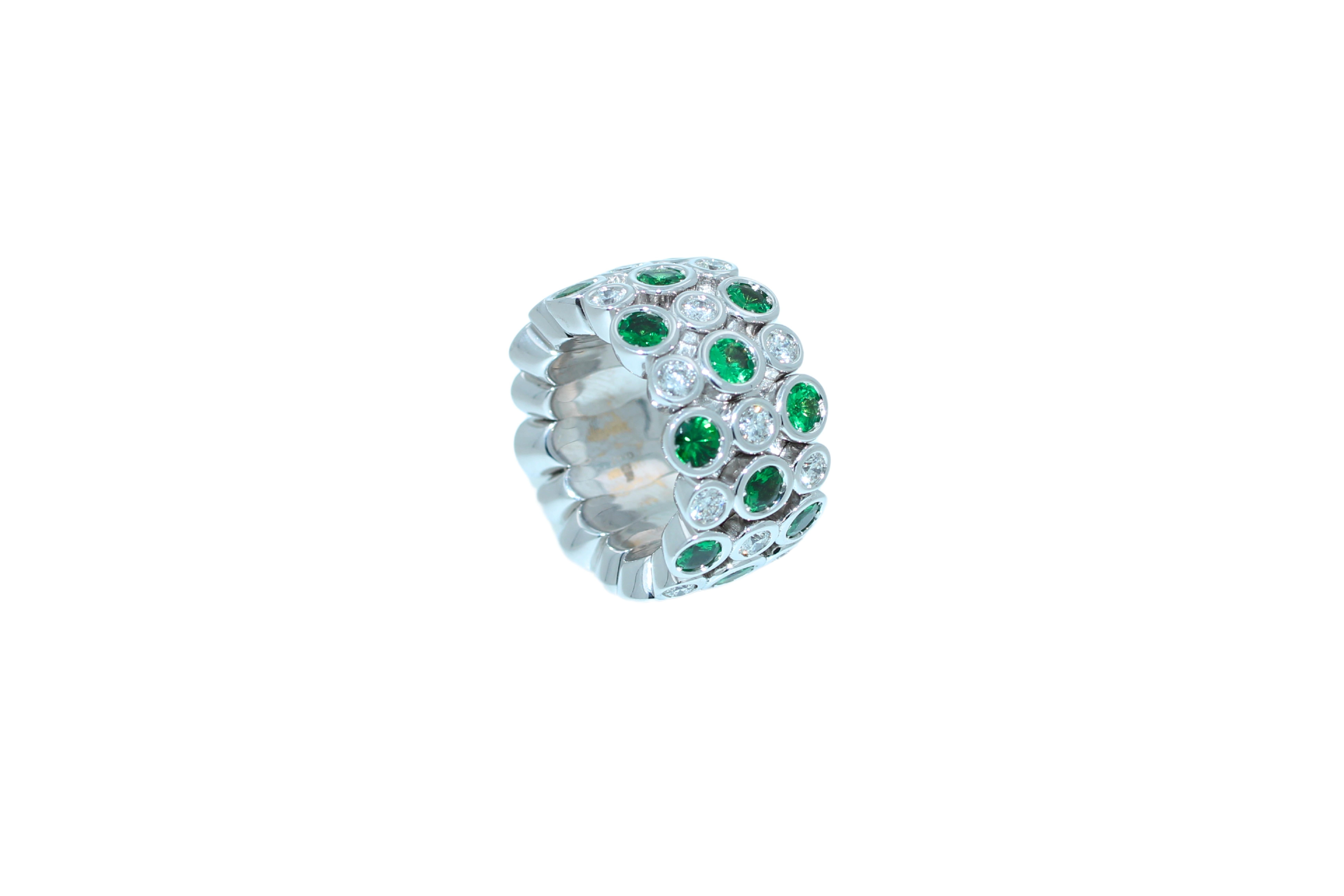 Women's or Men's Green Tsavorite Diamond Flexible Bezel Eternity Band 18 Karat White Gold Ring For Sale