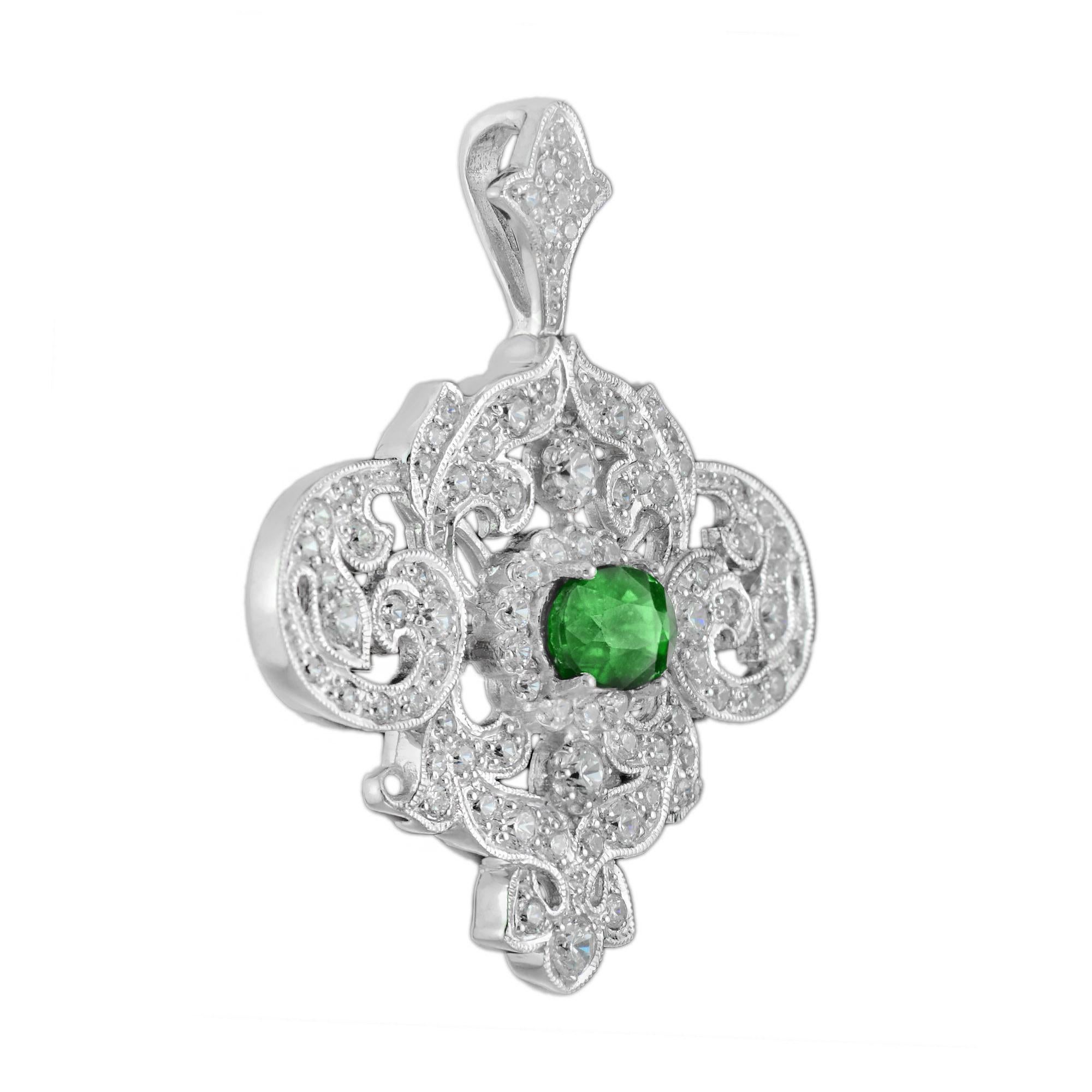 Broche Colgante Verde Tsavorita y Diamante Engastado Estilo Antiguo Conjunto Oro Blanco Corte oval en venta