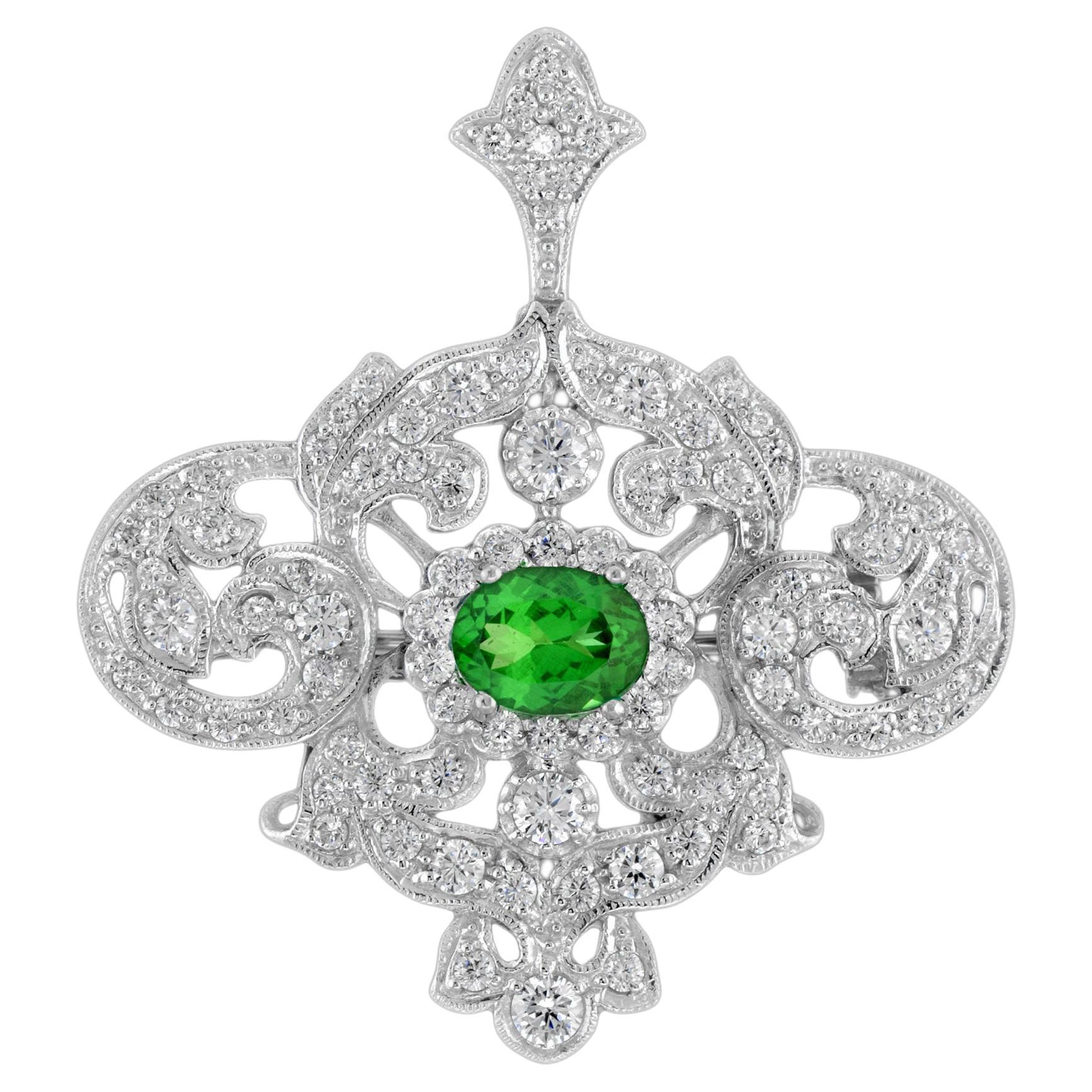 Broche Colgante Verde Tsavorita y Diamante Engastado Estilo Antiguo Conjunto Oro Blanco en venta