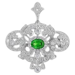 Green Tsavorite & Diamond Pave Antique Style Brooch Pin Pendant White Gold Set