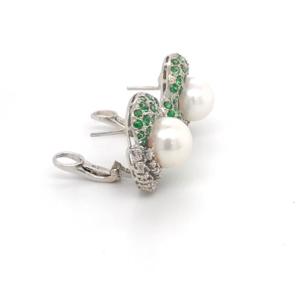 Round Cut Green Tsavorite Diamond Pearl Earrings 2.72 Carat 18K White Gold For Sale
