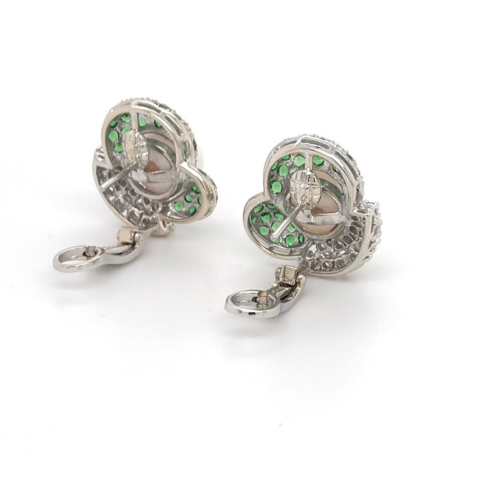 Green Tsavorite Diamond Pearl Earrings 2.72 Carat 18K White Gold In New Condition In New York, NY