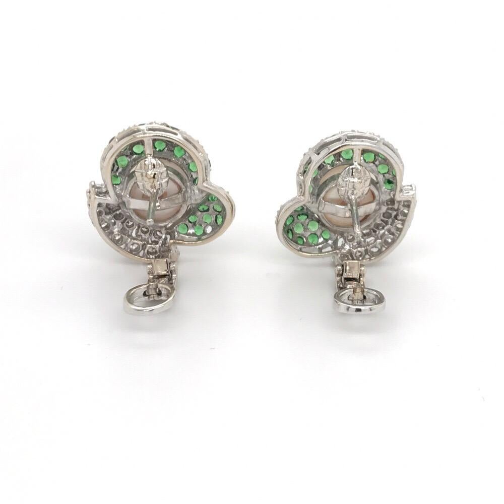 Women's Green Tsavorite Diamond Pearl Earrings 2.72 Carat 18K White Gold For Sale