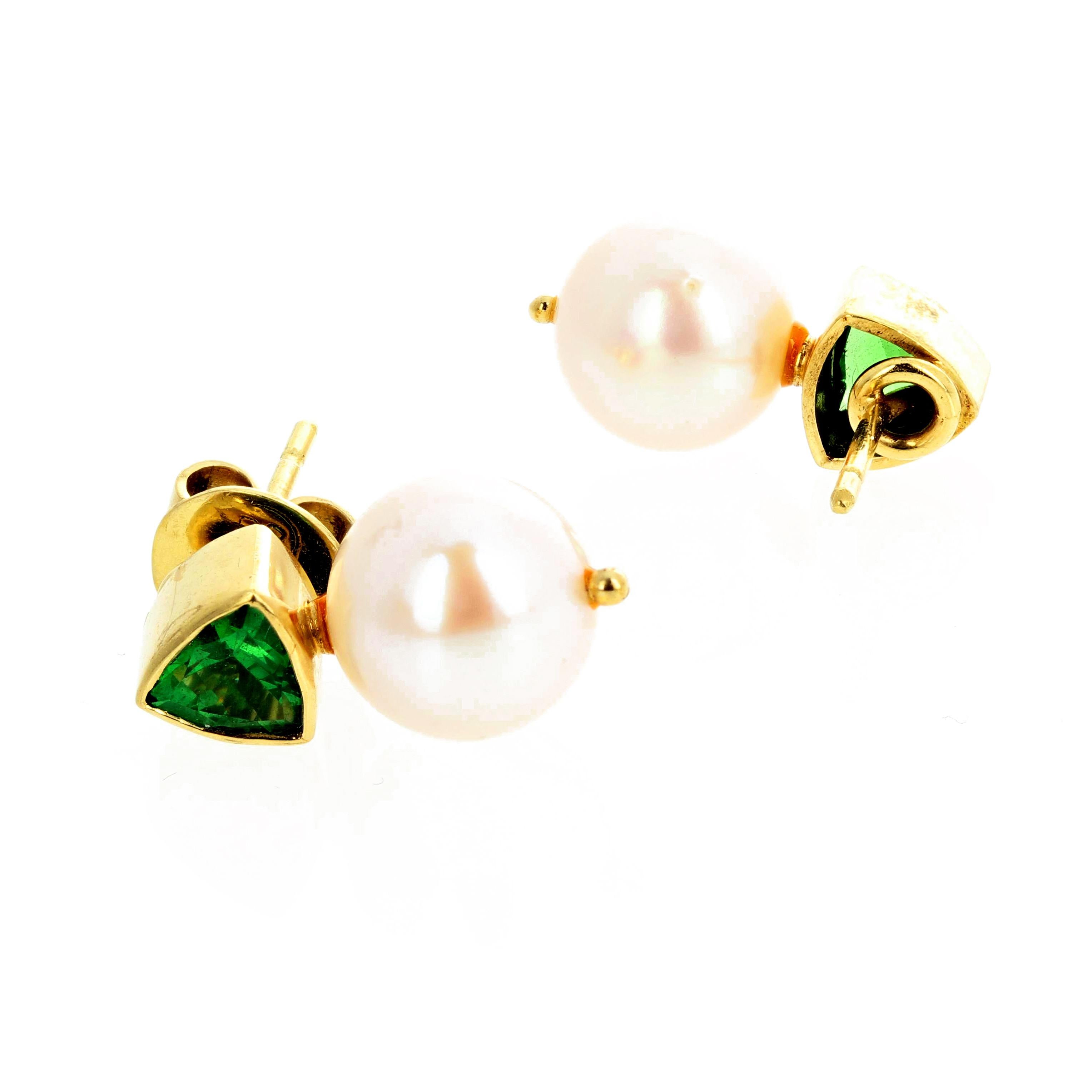 Trillion Cut AJD Glittering Intense Real Green Tsavorite Garnet & White Pearl Gold Earrings For Sale