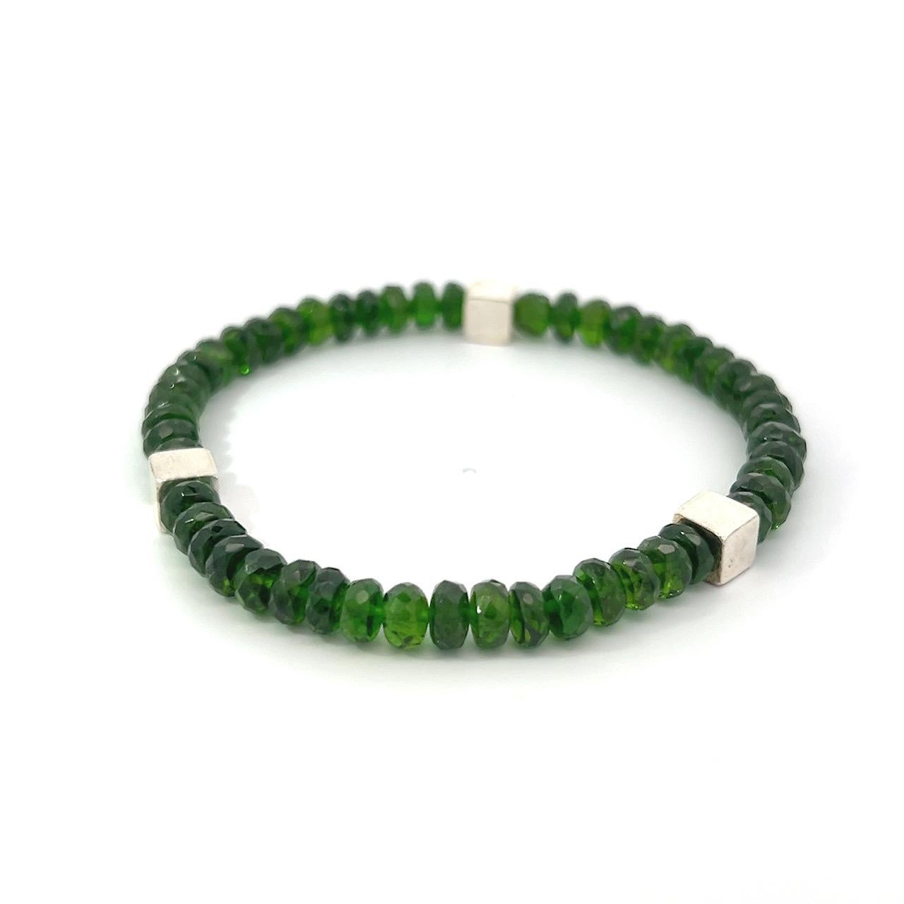 Women's or Men's Green Tsavorite Garnet Beads Sterling Silver Cubes Bracelet For Sale
