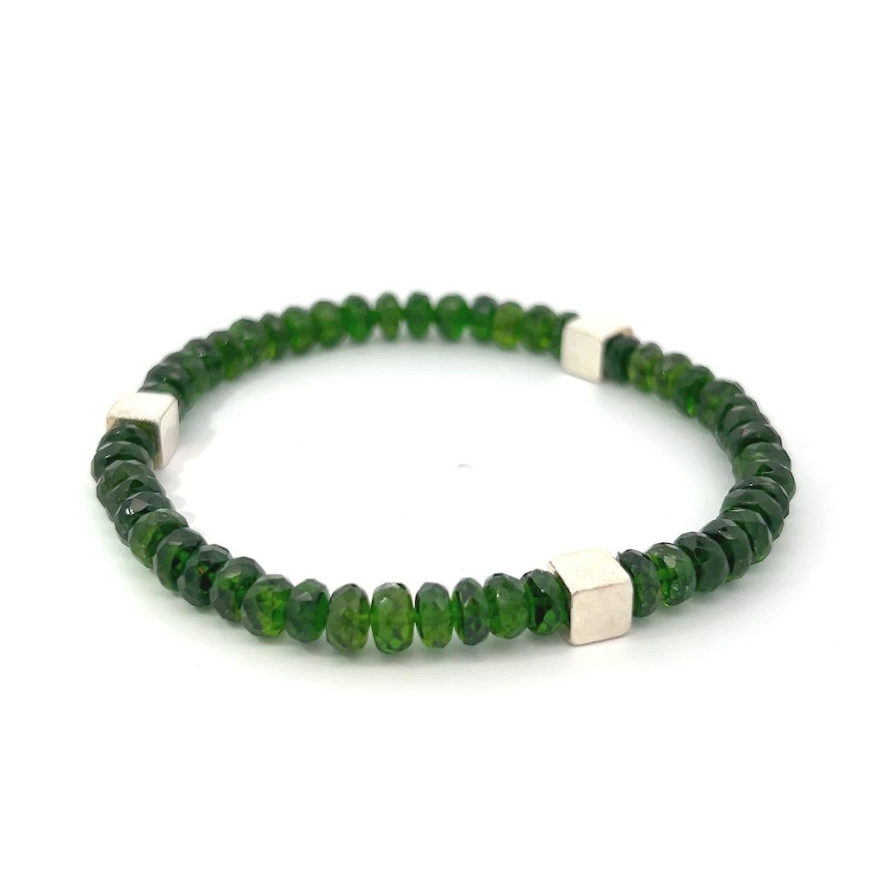 Green Tsavorite Garnet Beads Sterling Silver Cubes Bracelet For Sale 1
