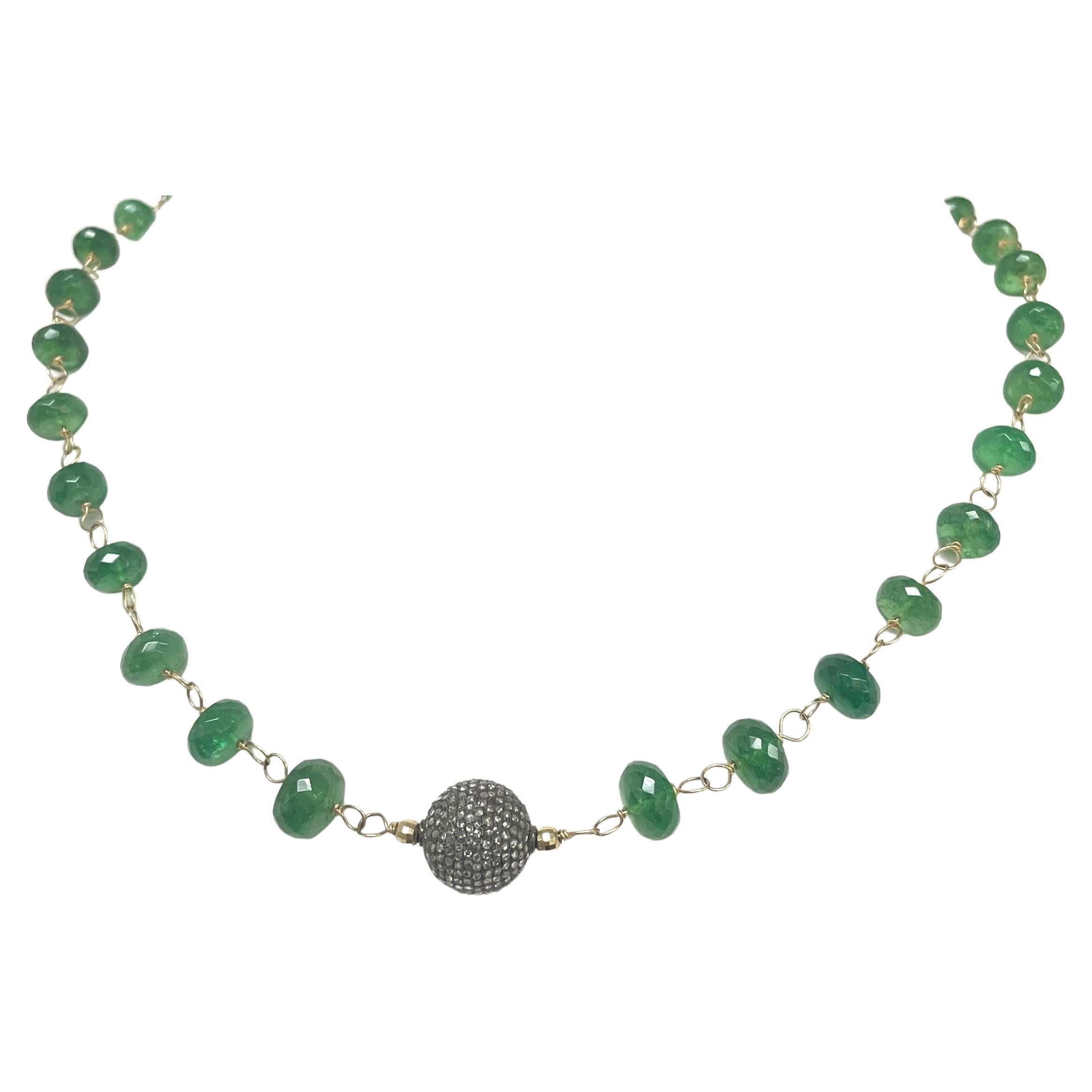Green Tsavorite Garnet Paradizia Necklace with Pave Diamond Ball Centerpiece For Sale 2