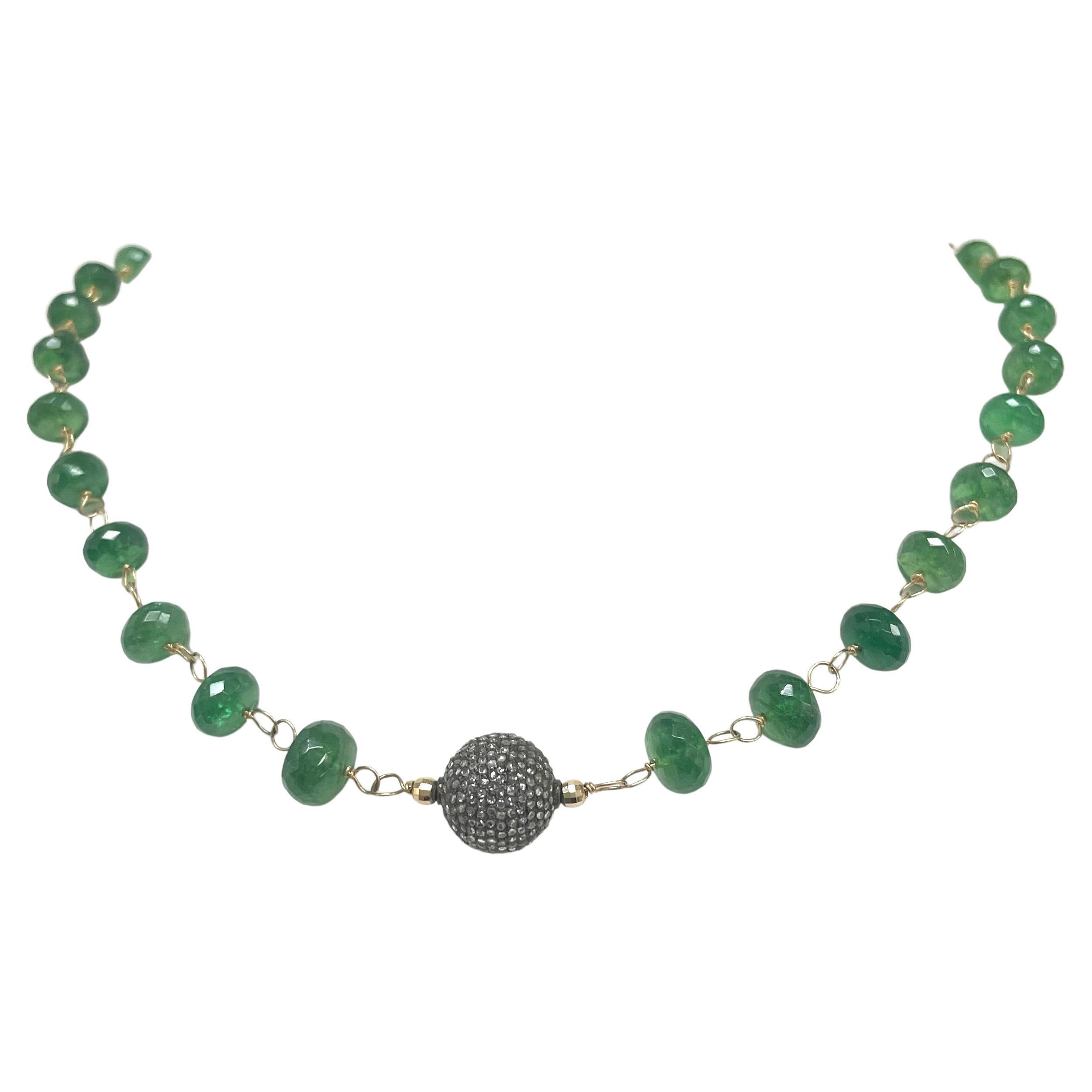 Green Tsavorite Garnet Paradizia Necklace with Pave Diamond Ball Centerpiece For Sale 2