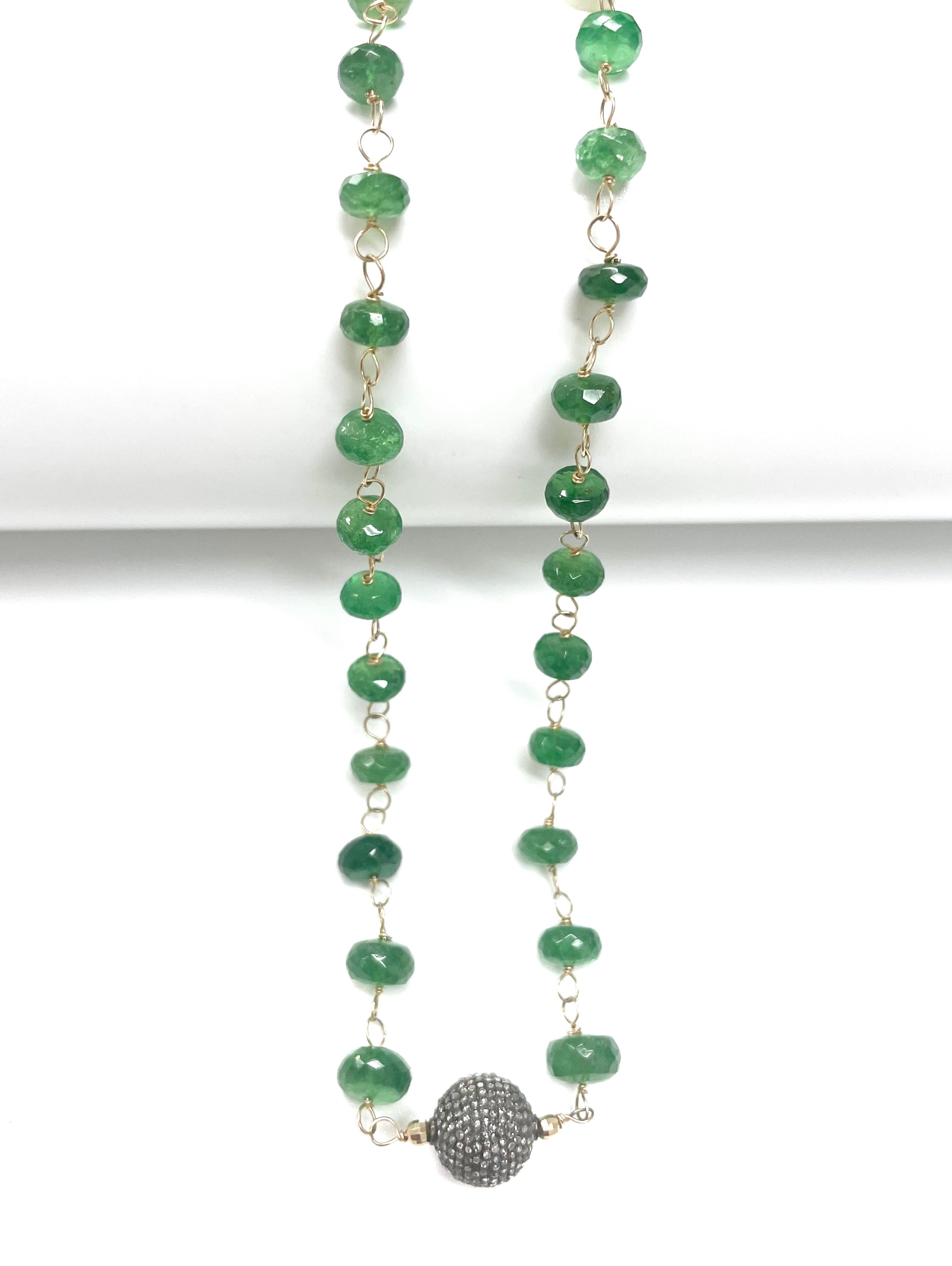 Green Tsavorite Garnet Paradizia Necklace with Pave Diamond Ball Centerpiece In New Condition For Sale In Laguna Beach, CA