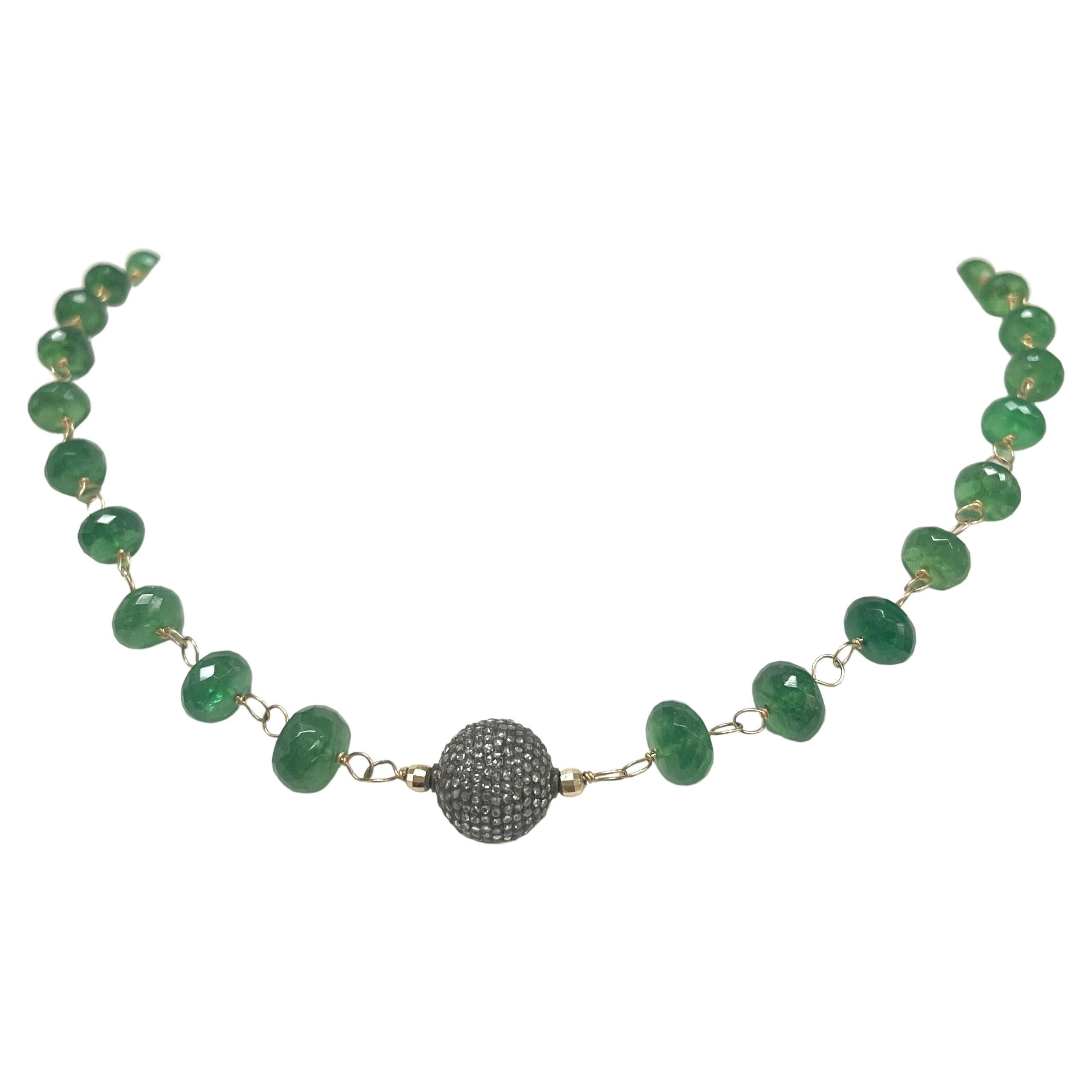Green Tsavorite Garnet Paradizia Necklace with Pave Diamond Ball Centerpiece In New Condition For Sale In Laguna Beach, CA