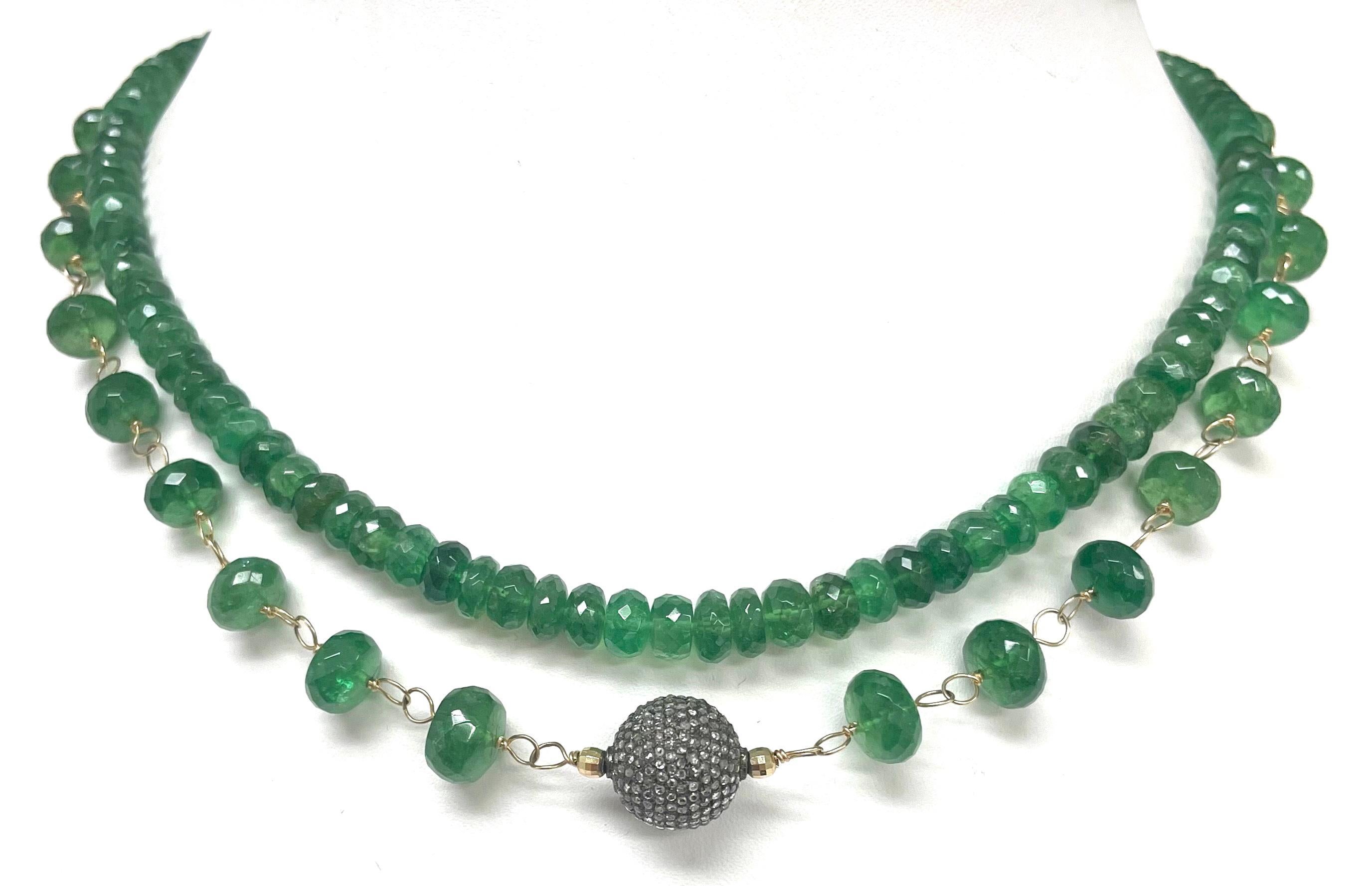 Women's Green Tsavorite Garnet Paradizia Necklace with Pave Diamond Ball Centerpiece For Sale