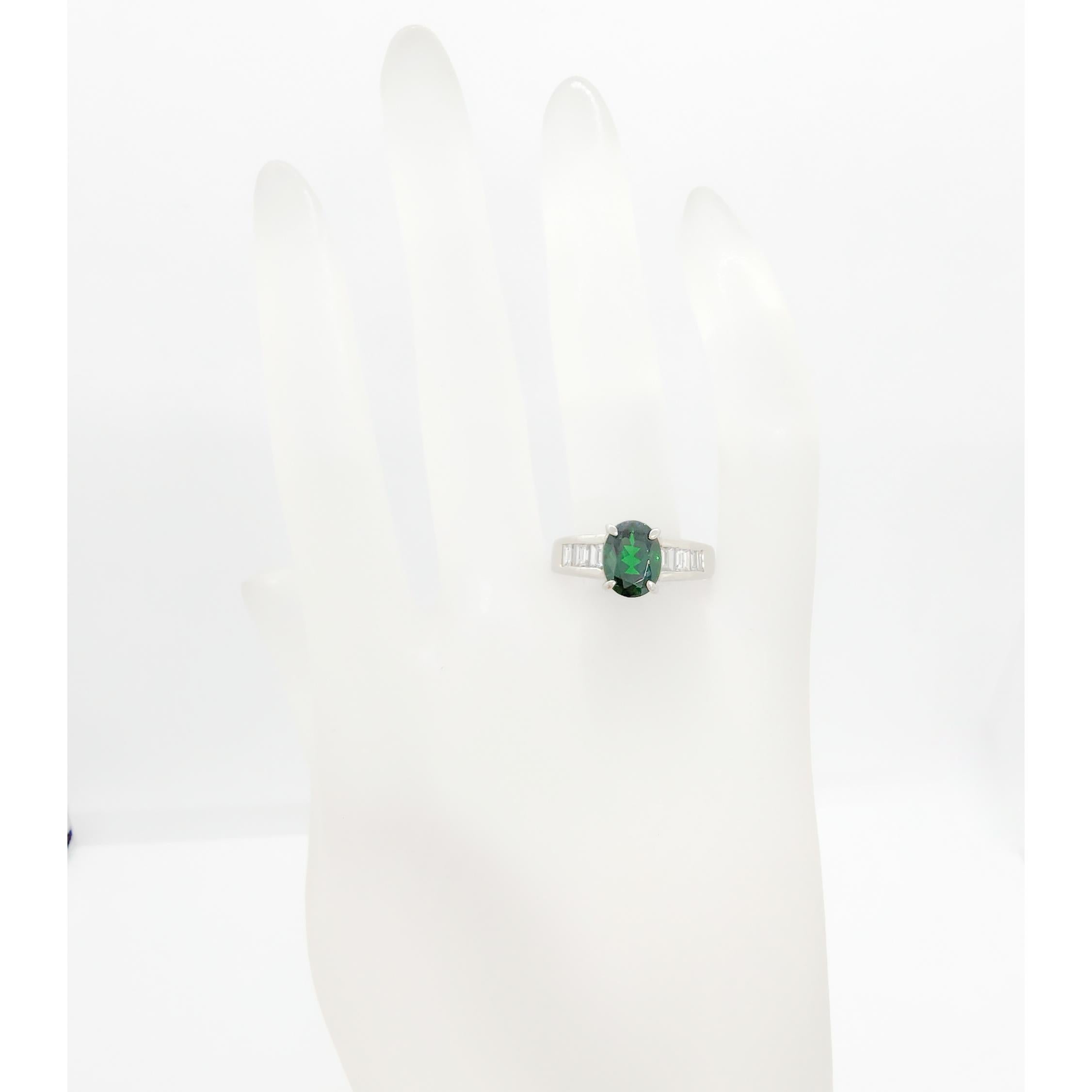 Women's or Men's Green Tsavorite Garnet Oval and White Diamond Ring in Platinum For Sale