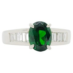 Green Tsavorite Garnet Oval and White Diamond Ring in Platinum