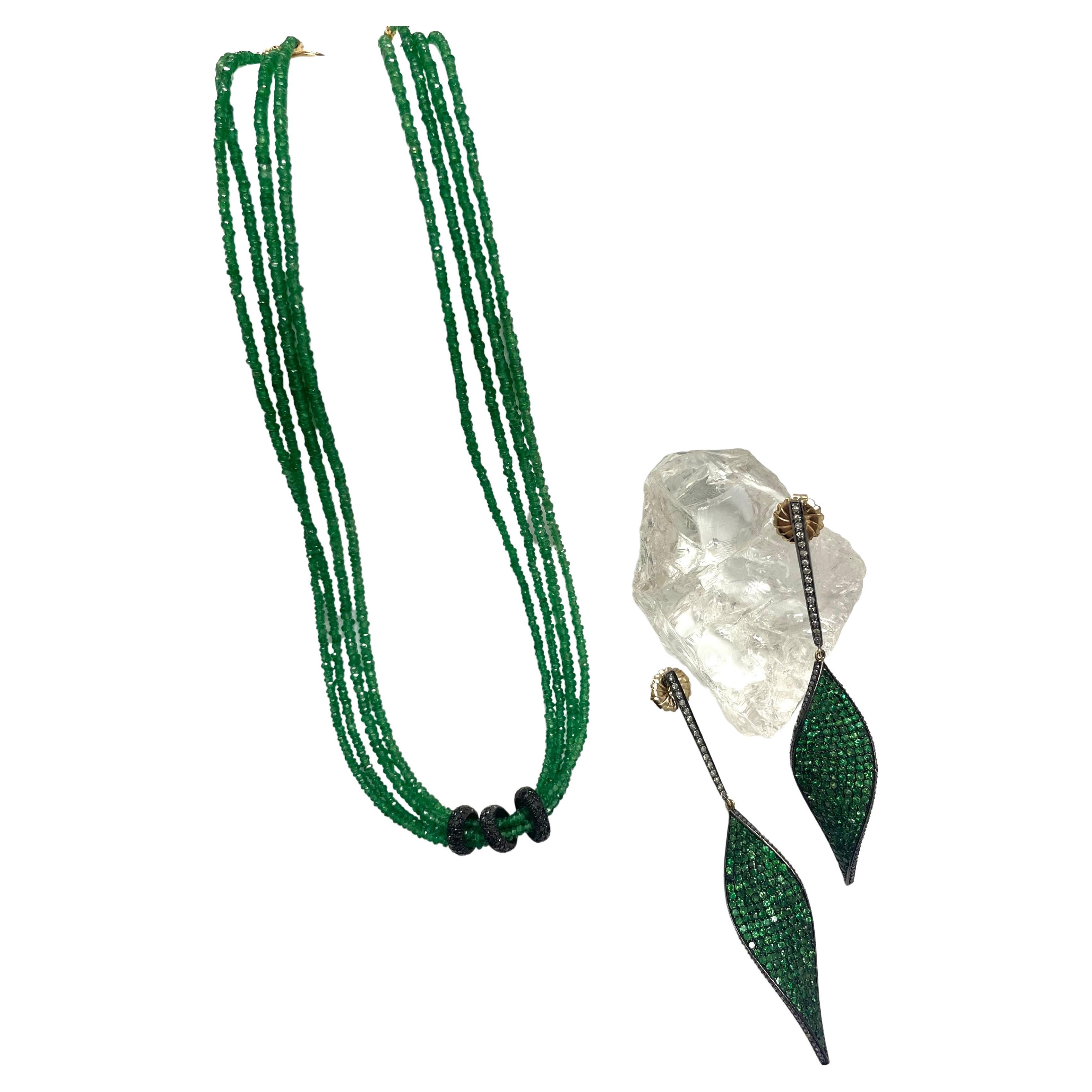 Artisan Green Tsavorite Garnet with Pave Diamond Centerpiece Multi Strand Necklace For Sale