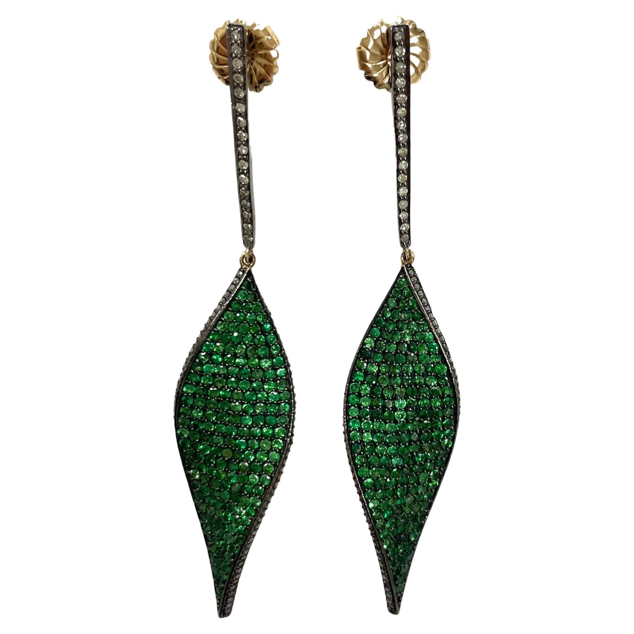 Artisan Green Tsavorite Garnet with Pave Diamond Paradizia Earrings For Sale