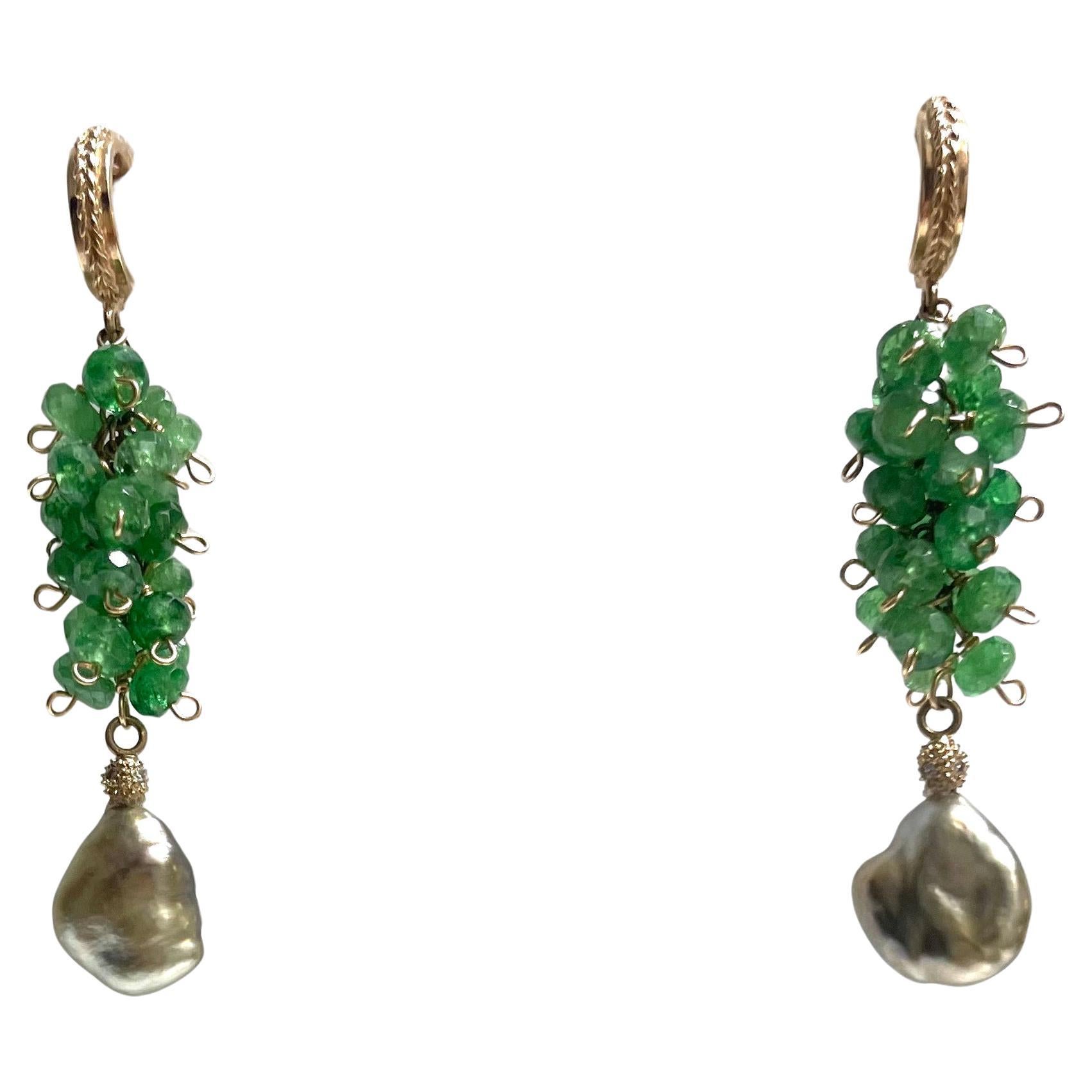 Artisan Green Tsavorite Garnets with Green Tahitian Keshi Pearls Paradizia Earrings For Sale
