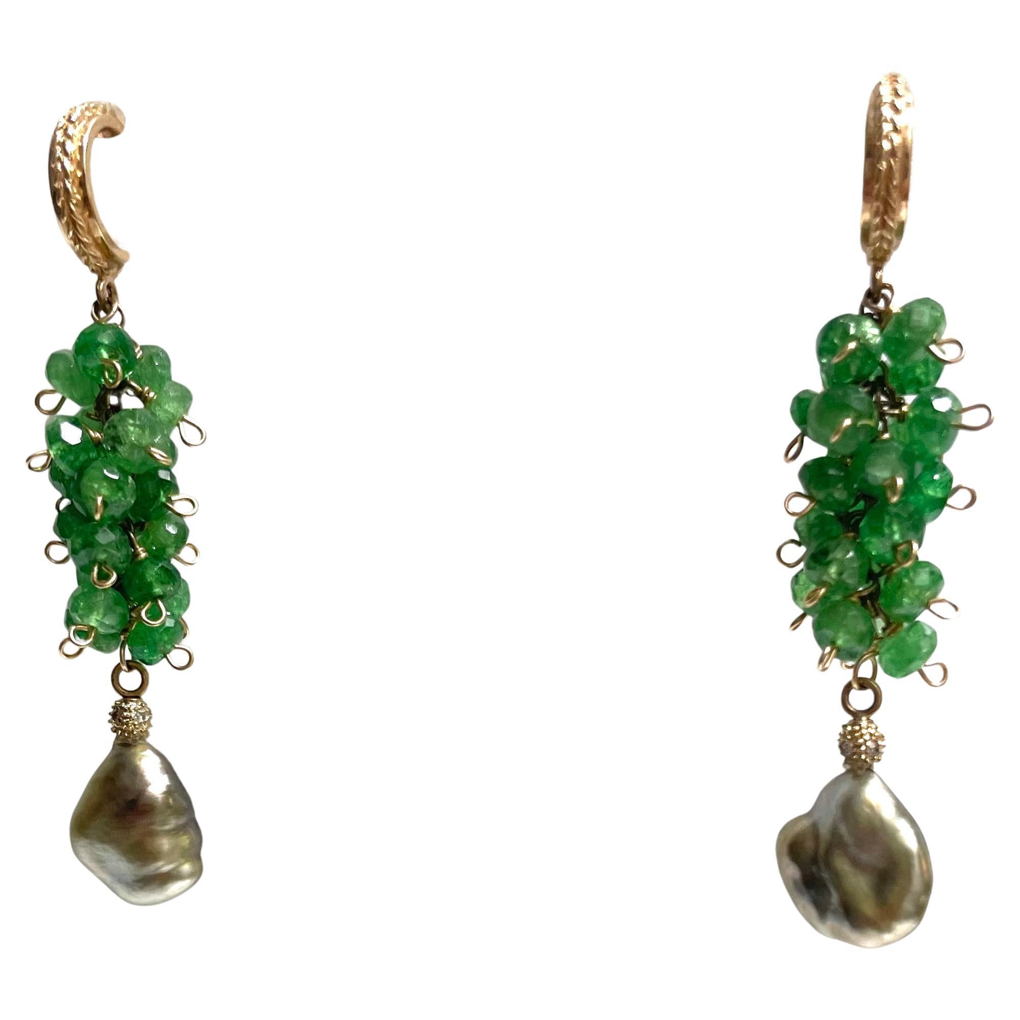 Women's Green Tsavorite Garnets with Green Tahitian Keshi Pearls Paradizia Earrings For Sale