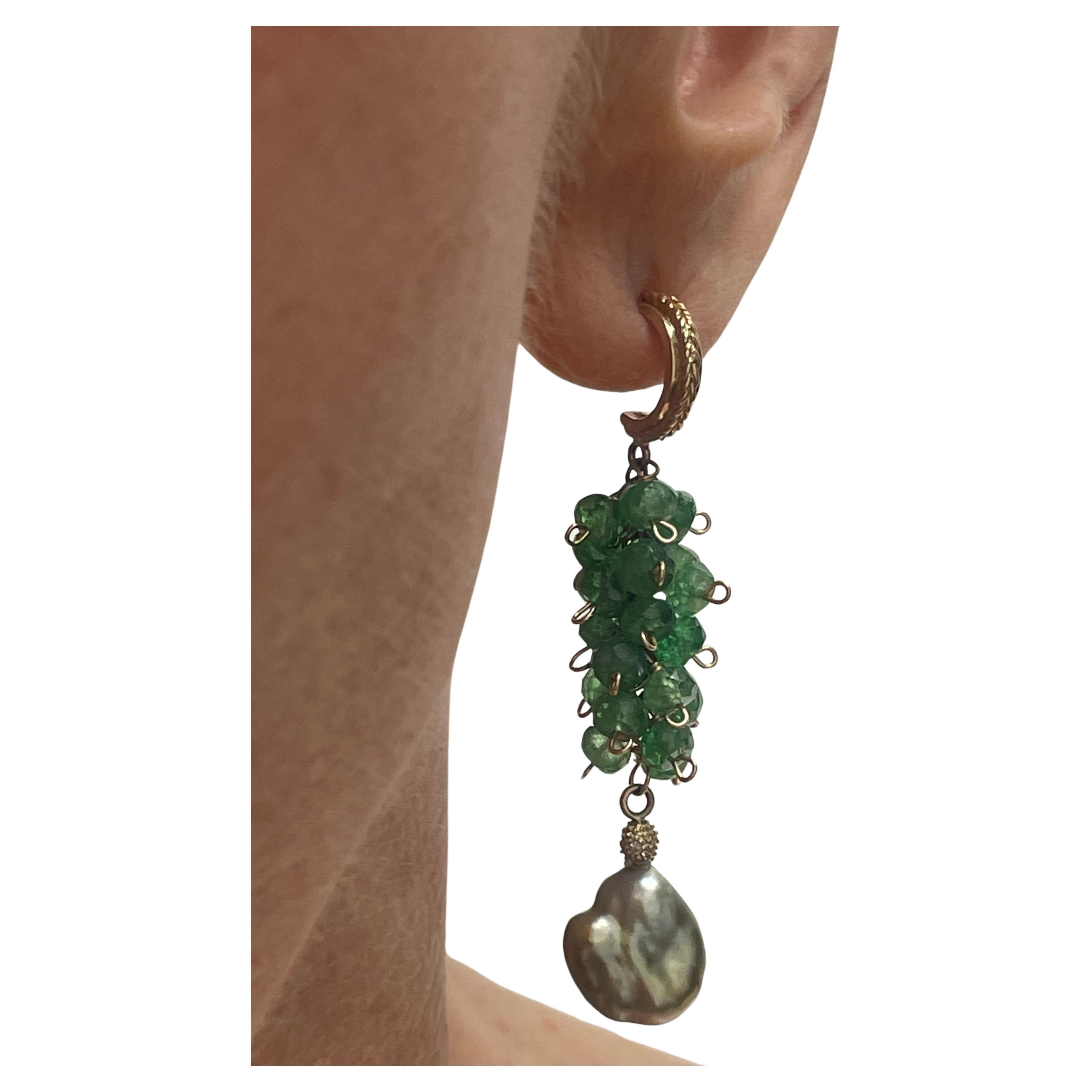 Green Tsavorite Garnets with Green Tahitian Keshi Pearls Paradizia Earrings For Sale 1