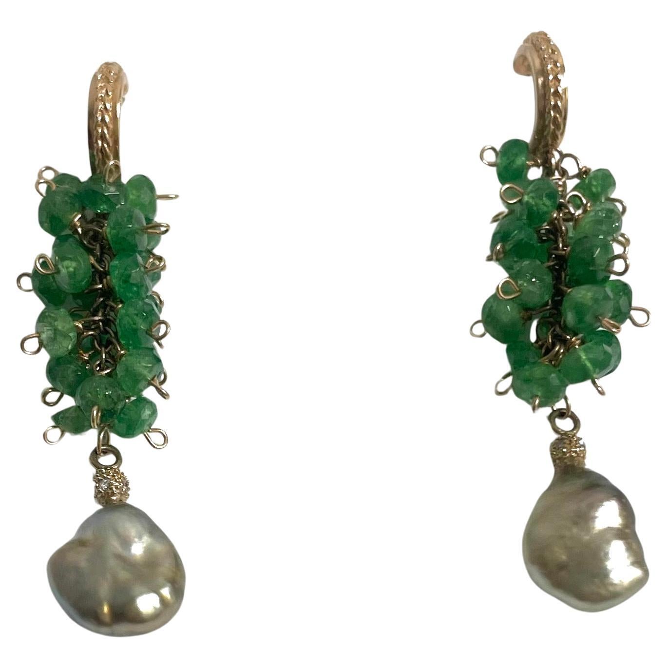 Green Tsavorite Garnets with Green Tahitian Keshi Pearls Paradizia Earrings For Sale 2