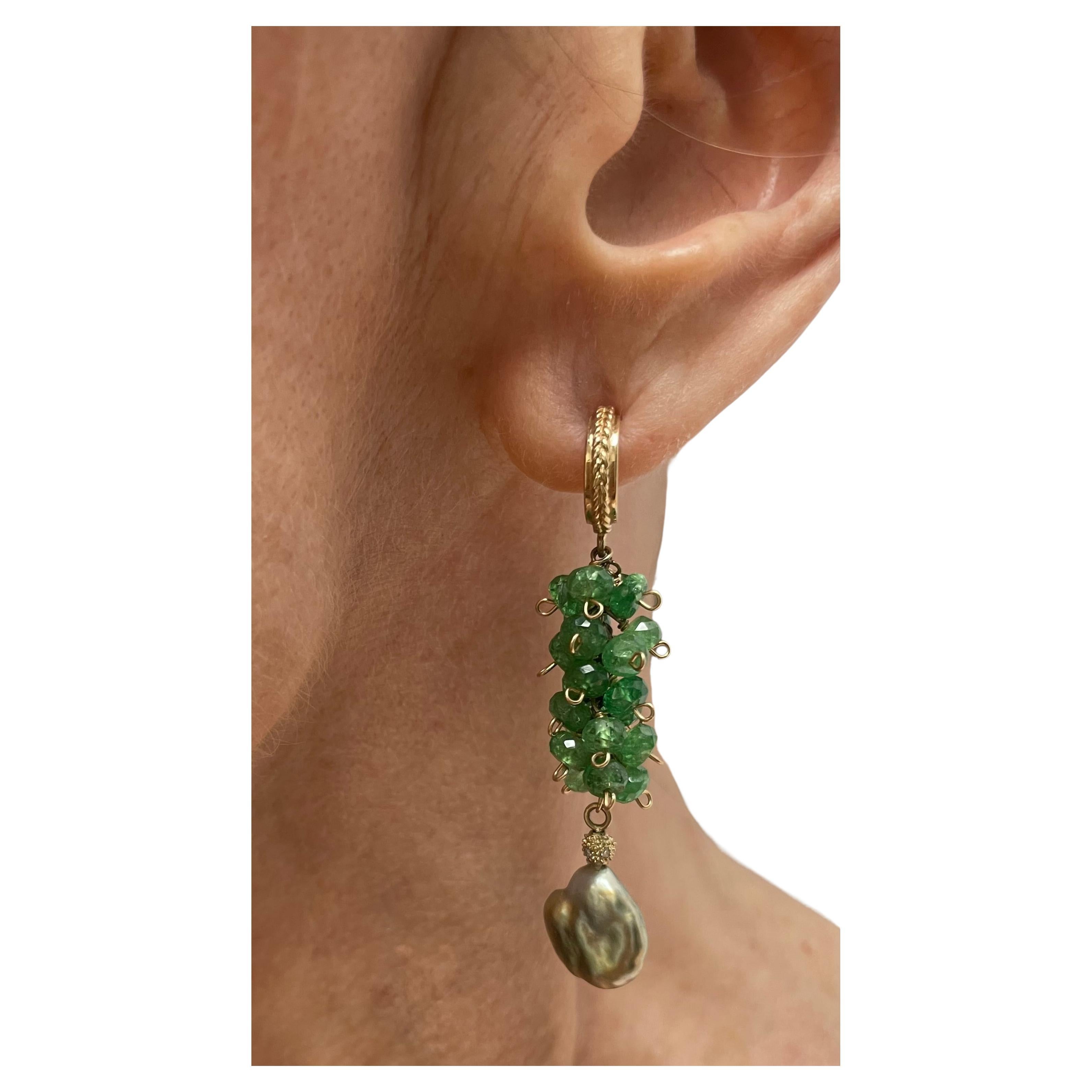 Green Tsavorite Garnets with Green Tahitian Keshi Pearls Paradizia Earrings For Sale 3