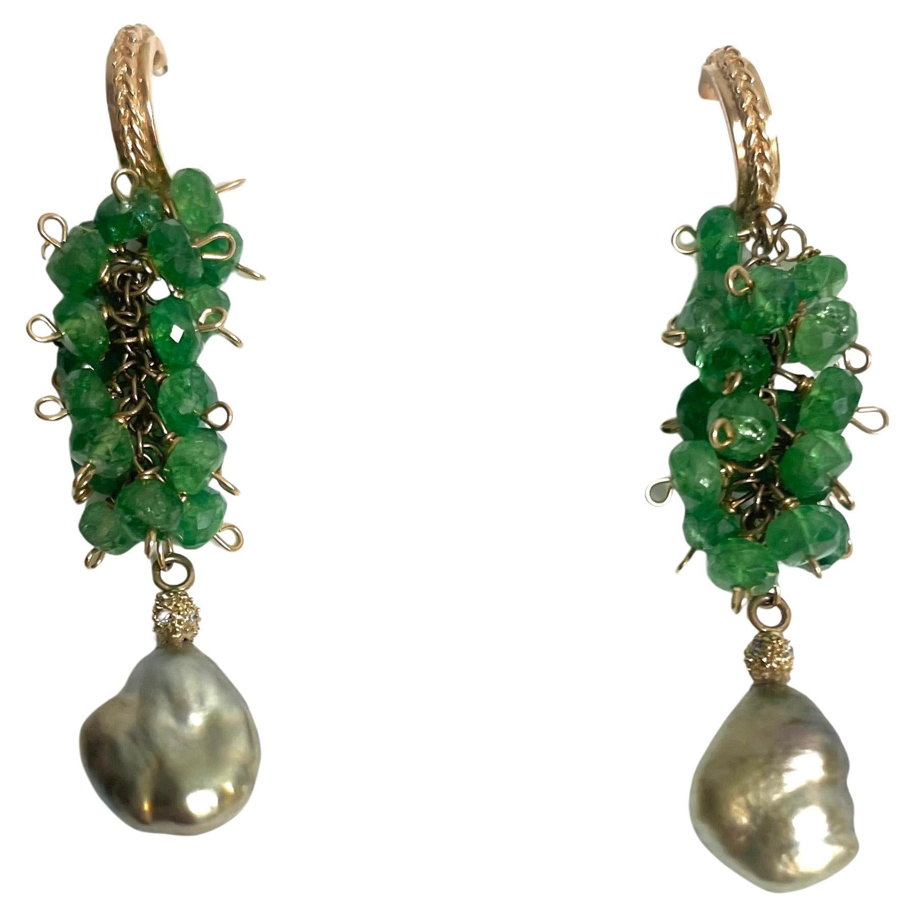 Green Tsavorite Garnets with Green Tahitian Keshi Pearls Paradizia Earrings For Sale 4