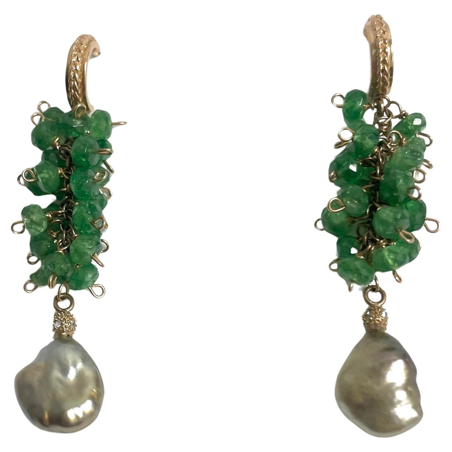 Green Tsavorite Garnets with Green Tahitian Keshi Pearls Paradizia Earrings For Sale