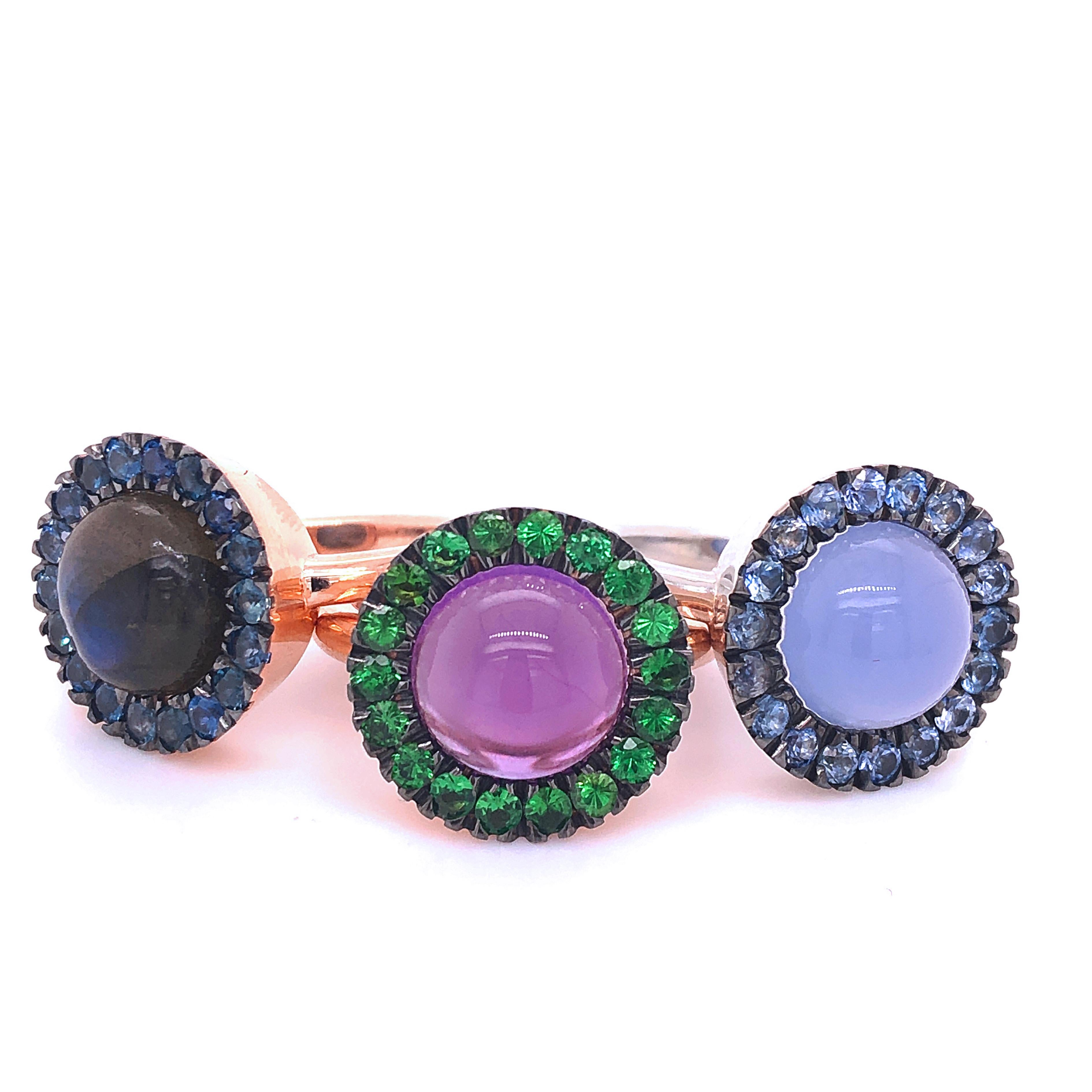 Berca Green Tsavorite Round Amethyst Cabochon Rose Gold Cocktail Ring For Sale 1