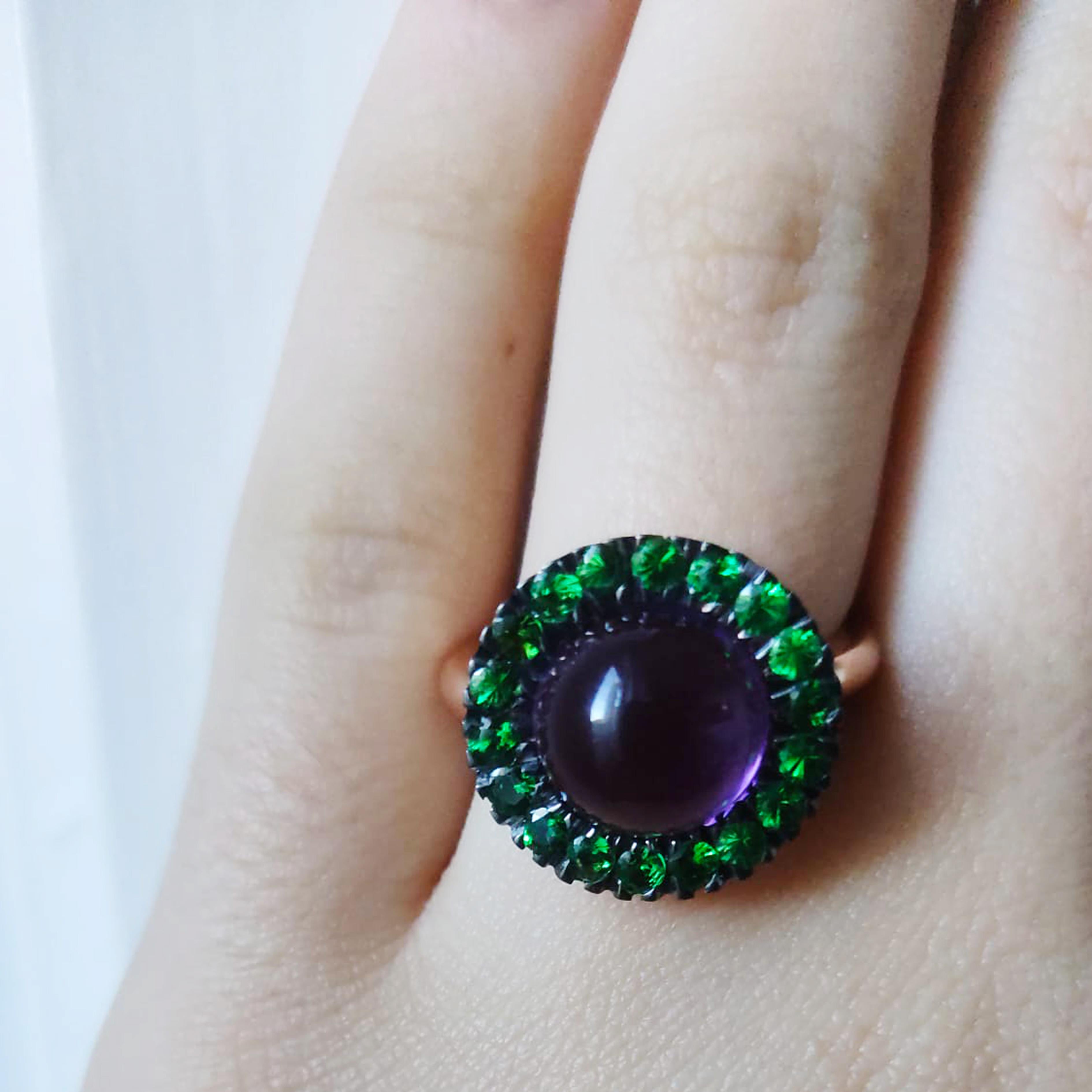 Berca Green Tsavorite Round Amethyst Cabochon Rose Gold Cocktail Ring For Sale 2