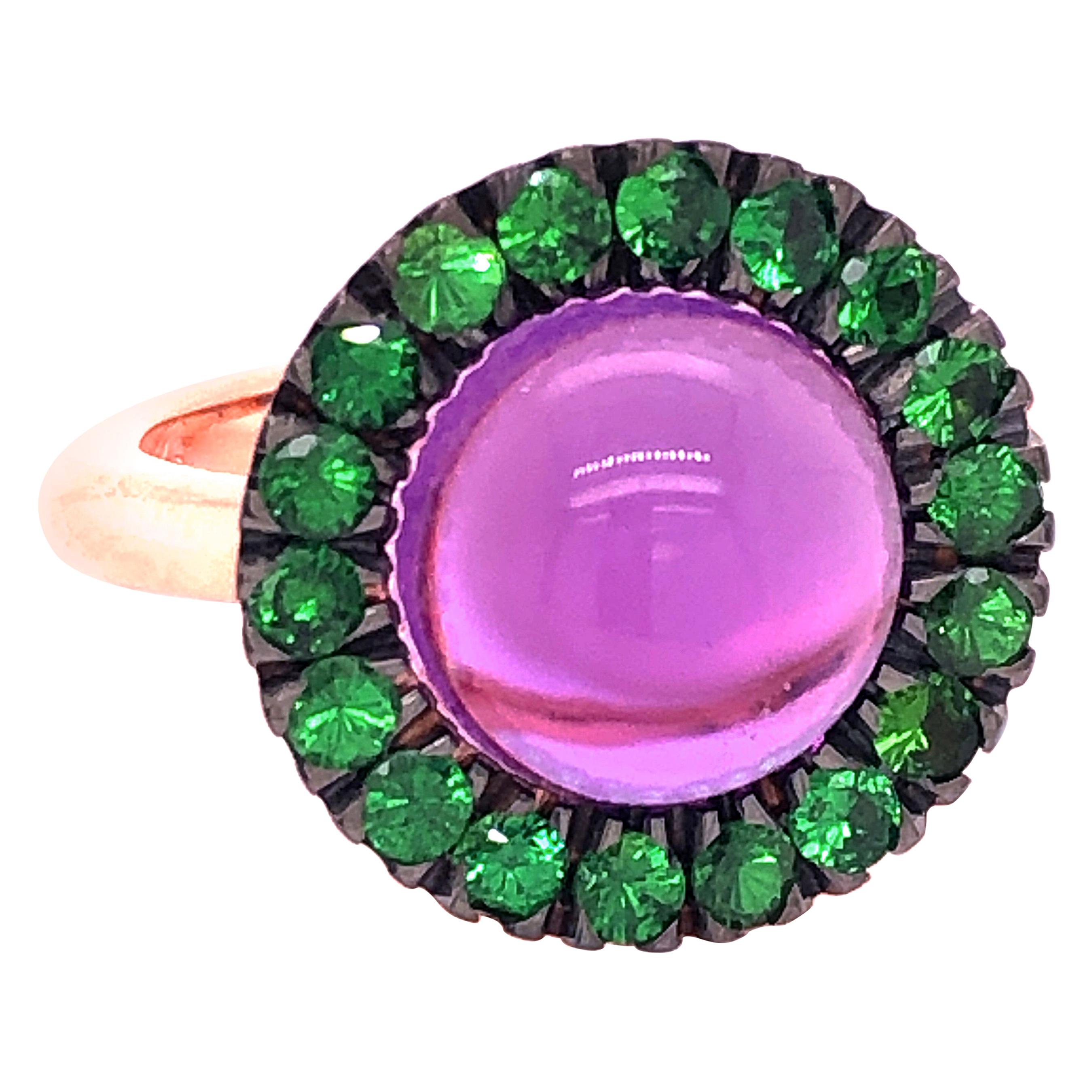 Berca Green Tsavorite Round Amethyst Cabochon Rose Gold Cocktail Ring For Sale