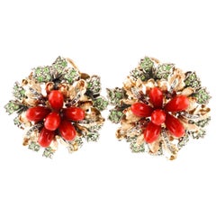 Green Tsavorites, Diamonds, Red Corals, Gold and Silver Flower Clip-On Earrings