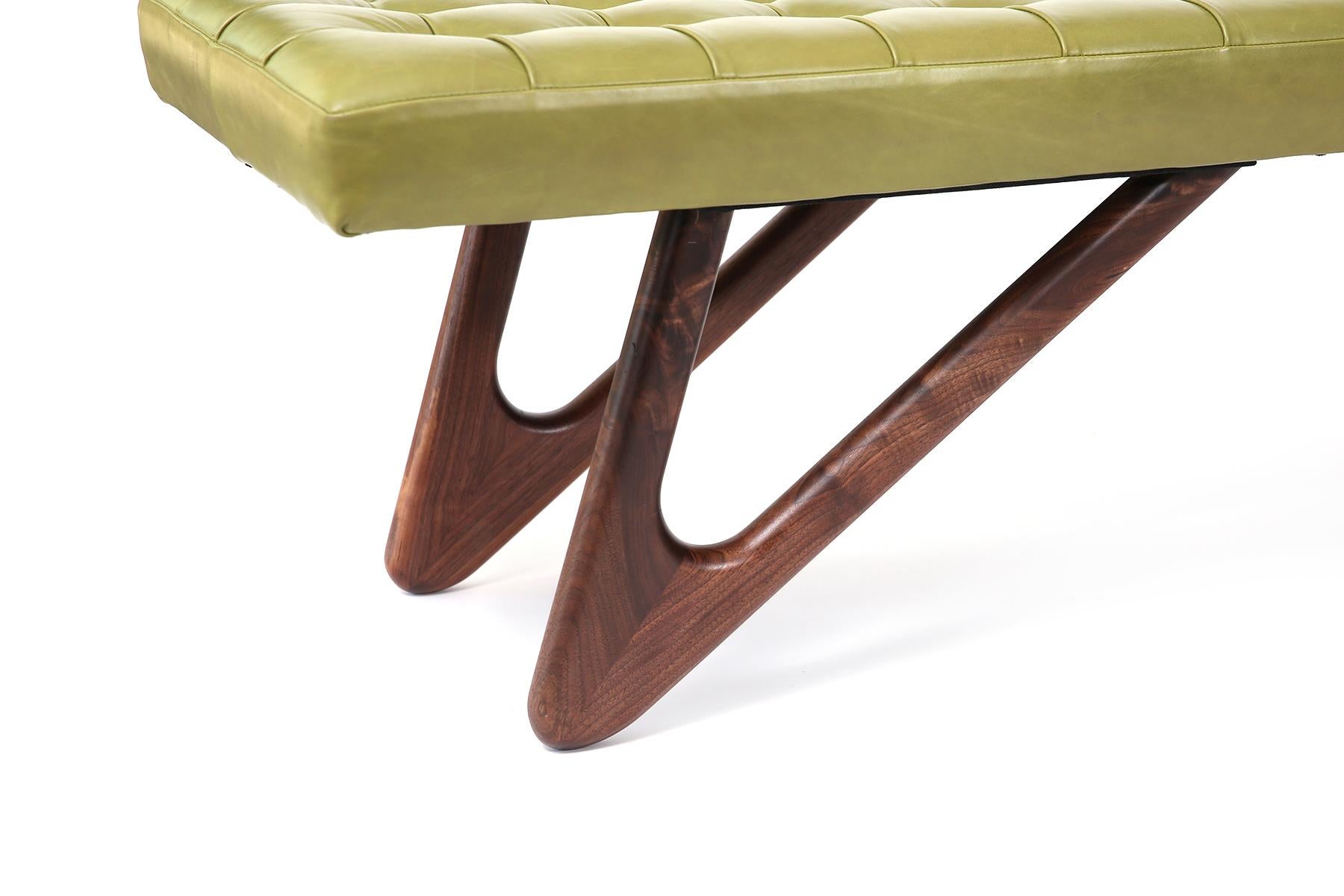 American Green Tufted Leather and Sculpted Walnut Bench