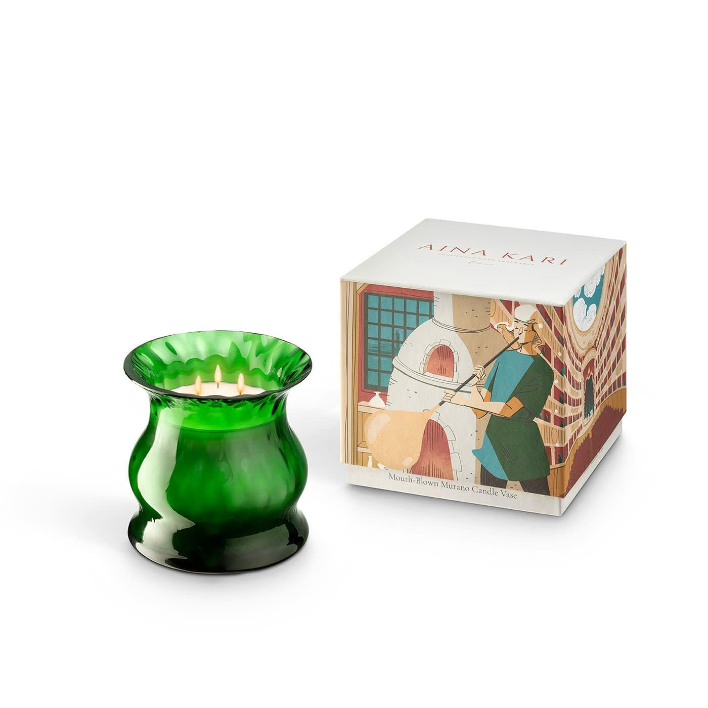 A tale of beauty, rarity, and mania-Murano glass blooming tulip using old techniques blends into a surprising modern shape. Beautiful Murano glass large candle with stunning light macramé, enhancing this new brilliant lush green. Mysterious saffron