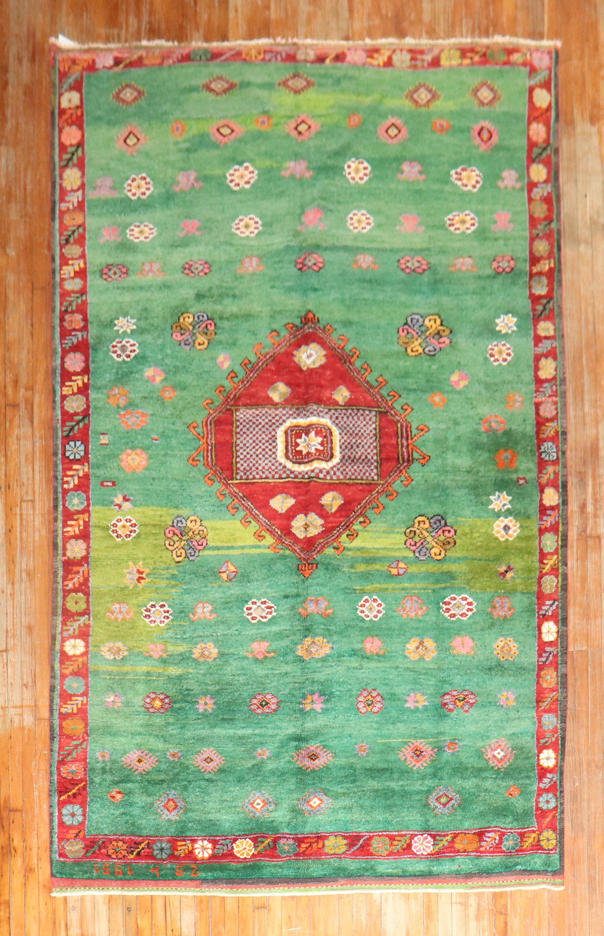 Hand-Knotted Green Turkish Tulu Rug For Sale